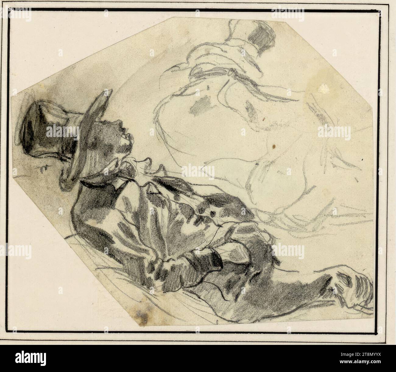 Hoja de boceto: Dos hombres dormidos, Carl Pischinger (Niederhollabrunn-Streitdorf 1823 - 1886 Liezen), dibujo, dibujo a lápiz, hoja: 7,8 x 9,1 cm Foto de stock
