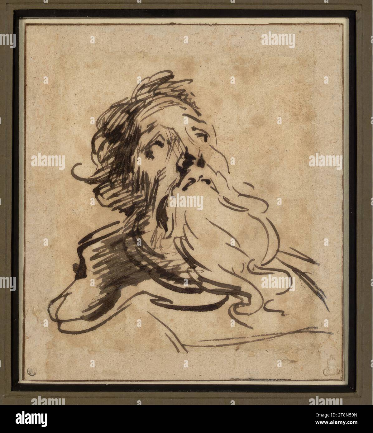 Cabeza masculina con una barba larga, ligeramente levantada y mirando a la derecha (San Agustín), Anthony van Dyck (Amberes 1599 - 1641 Londres-Blackfriars), dibujo, pluma marrón, 11 x 9,9 cm, l. l. Mariette; r. b. Duque Albert de Sajonia-Teschen Foto de stock