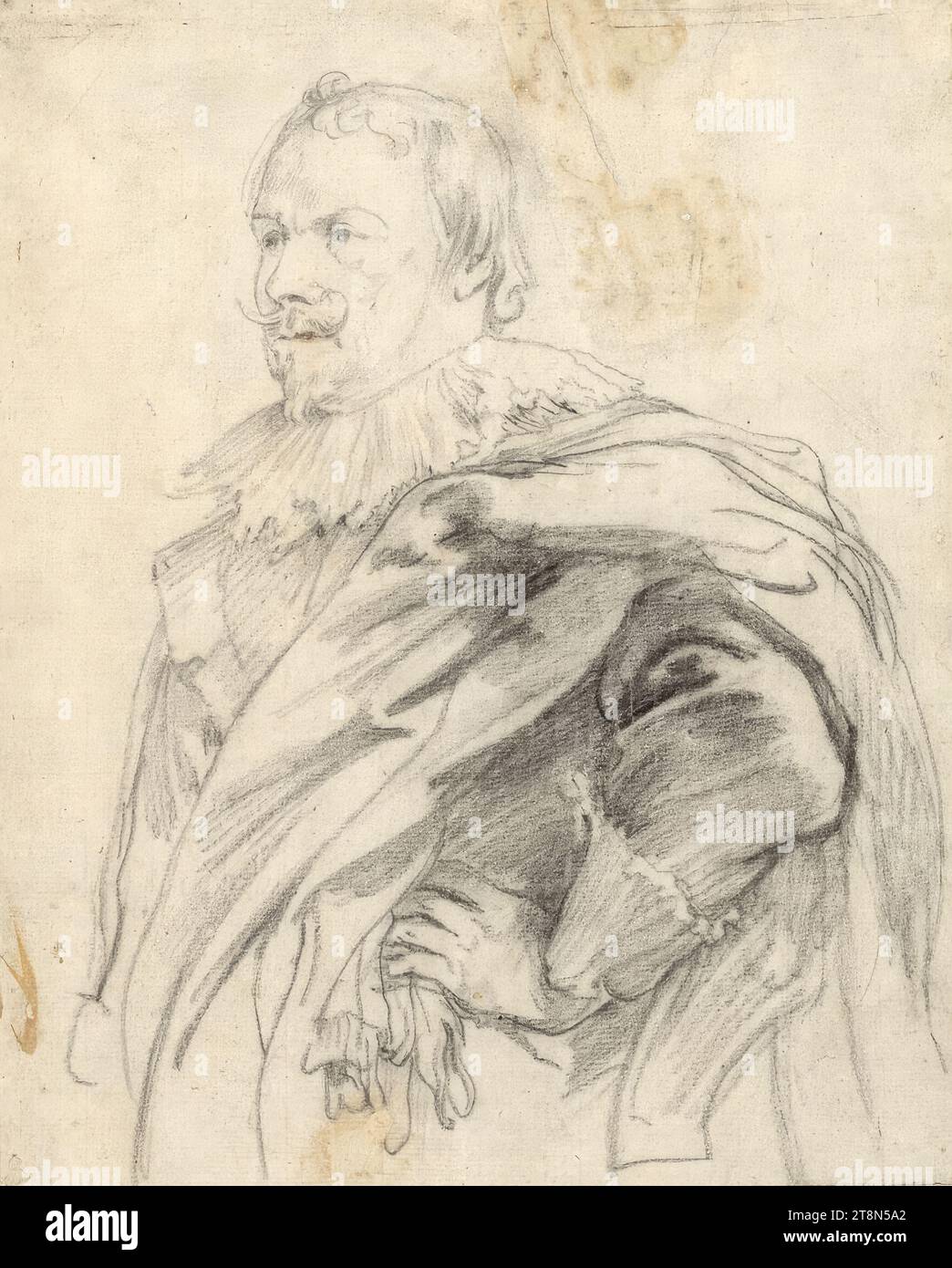 Pieter Stevens, Anthony van Dyck (Amberes 1599 - 1641 Londres-Blackfriars), dibujo, tiza negra. Suciedad marrón en el borde superior debido a un desgarro pegado por debajo, así como a la izquierda. Y borde inferior, 24,2 x 19,5 cm, l.l. Duque Alberto de Sajonia-Teschen Foto de stock