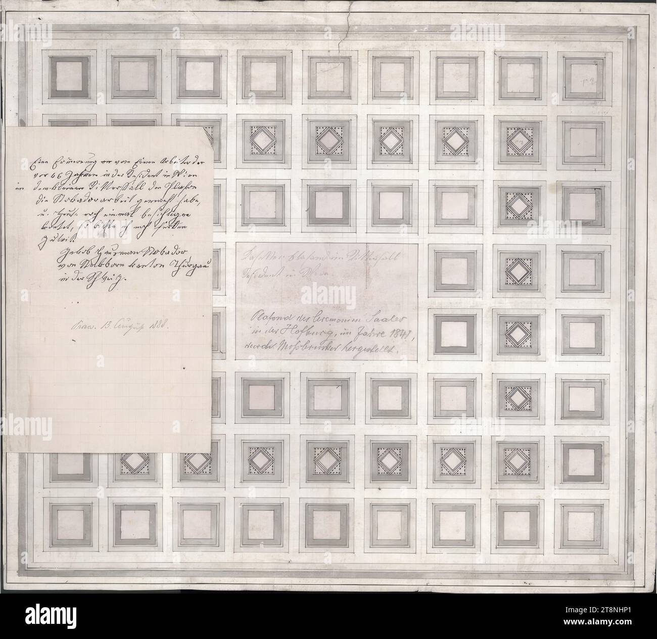 Viena I, Hofburg, ala ceremonial, sala de caballeros, techo, 1841, dibujo arquitectónico, grafito (dibujo preliminar); pluma en negro; lavado gris y rosa, hoja: 38,4 x 42,4 cm, recto: 'Kasettenblafond im Rittersall, Resident in Wien'; 'plafond de la sala de ceremonias, en el Hofburg en 1841, hecho por Mohsbrucker.'; en una nota fijada al lado: "un recordatorio de un trabajador que, hace 46 años en el Residente de Viena, en el ... Rittersall hizo el techo, el trabajo de estuco, y visita de nuevo hoy, cuentas, por favor para el, ...!, Jakob ...., desde ... Cantón de Turgovia, en Suiza.' Foto de stock