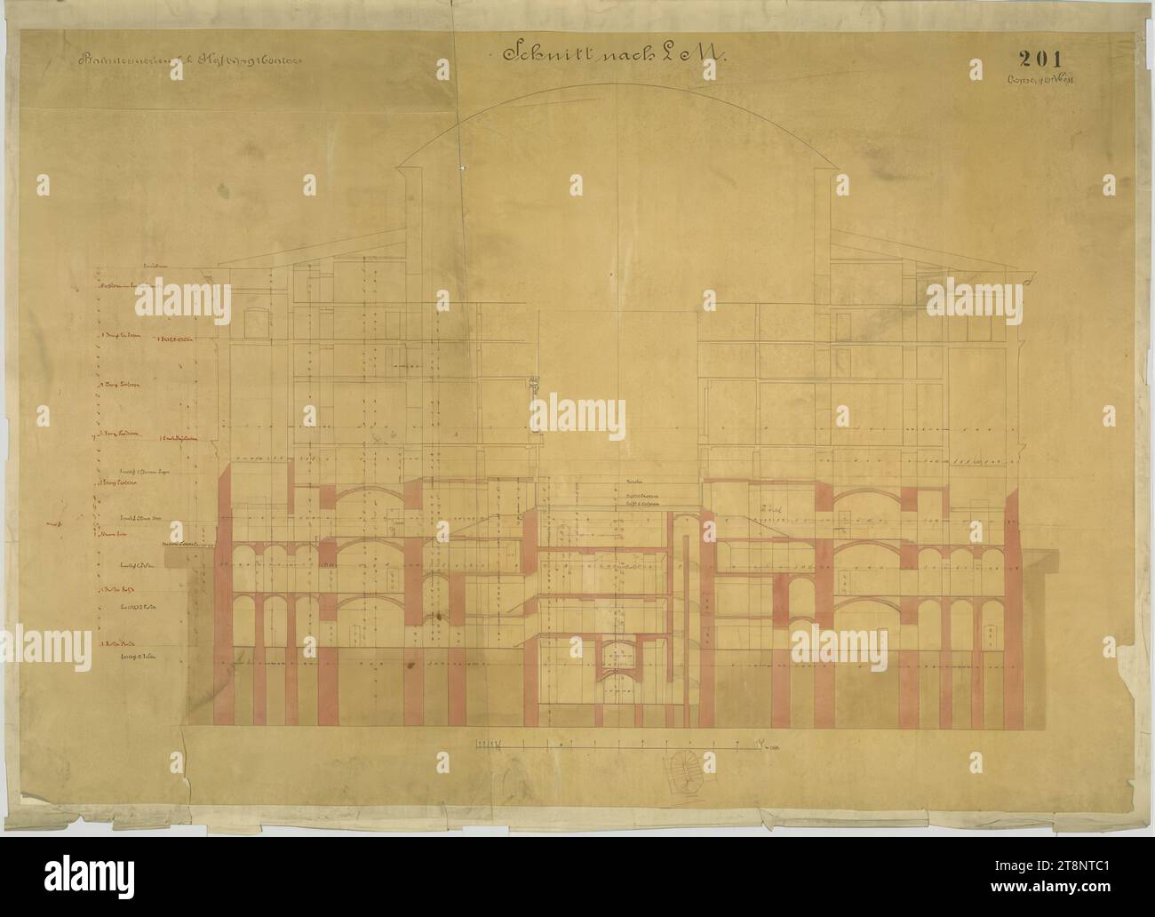 Viena I, Burgtheater, sección transversal LM, Carl von Hasenauer (Viena 1833 - 1894 Viena), plano, pluma, x mm, '201/ copia del n.º 178', 'Construcción de los nuevos k. k. Hofburgtheaters', 'Cortar a LM Foto de stock