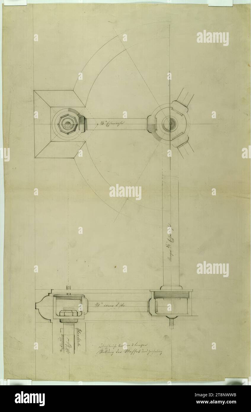 Detalles de construcción de hierro, elevación y sección, Carl von Hasenauer (Viena 1833 - 1894 Viena), planta, lápiz, hoja: 58,2 cm x 38,6 cm, '3/ 8'' tubería de hierro', 'varilla 3/ 4' 'tubería de hierro', '3/ 8 '' luz interior', 'revestimiento/ 3/ 8 '' hierro', 'columna de vidrio', 'aberturas en las 3 lámparas/ posición del cambio y dibujo Foto de stock