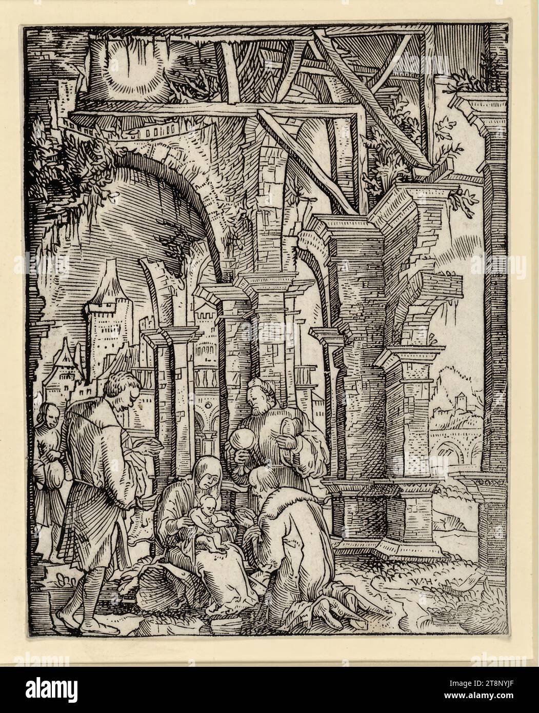 Adoración de los Magos, Wolfgang Huber (1480 - 1553), alrededor de 1512/13, impresión, madera, placa: 11,8 x 9,2 cm Foto de stock