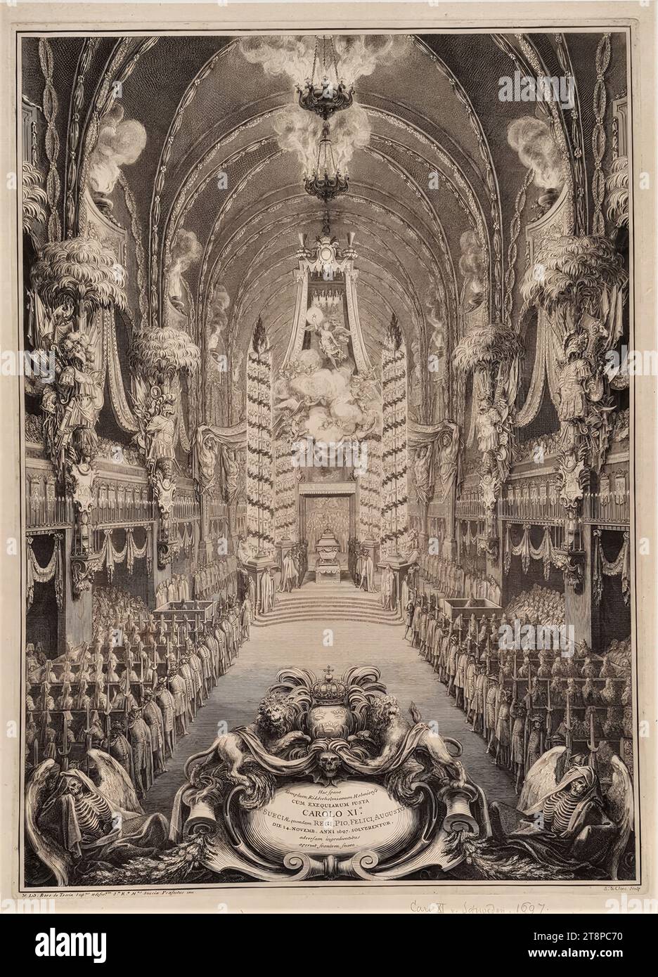 Ceremonia fúnebre para el rey Carlos XI De Suecia en el Riddarholmskirche en Estocolmo el 24 de noviembre de 1697, 1700, grabado, grabado en papel, hoja: 47 x 34 cm Foto de stock
