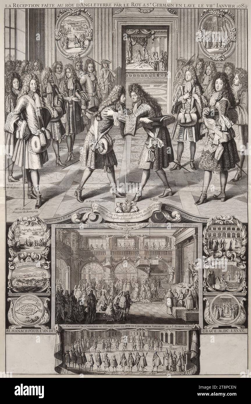 Recepción del rey Jaime II de Inglaterra por el rey Luis XIV de Francia en el castillo de Saint-Germain-en-Laye el 7 de enero de 1689, 1689, impresión, grabado de cobre en dos partes sobre papel, hoja: 86,7 x 57 cm, [abajo] 'ALMANAC POUR L'AN DE GRACE. M.DC.LXXXX Foto de stock