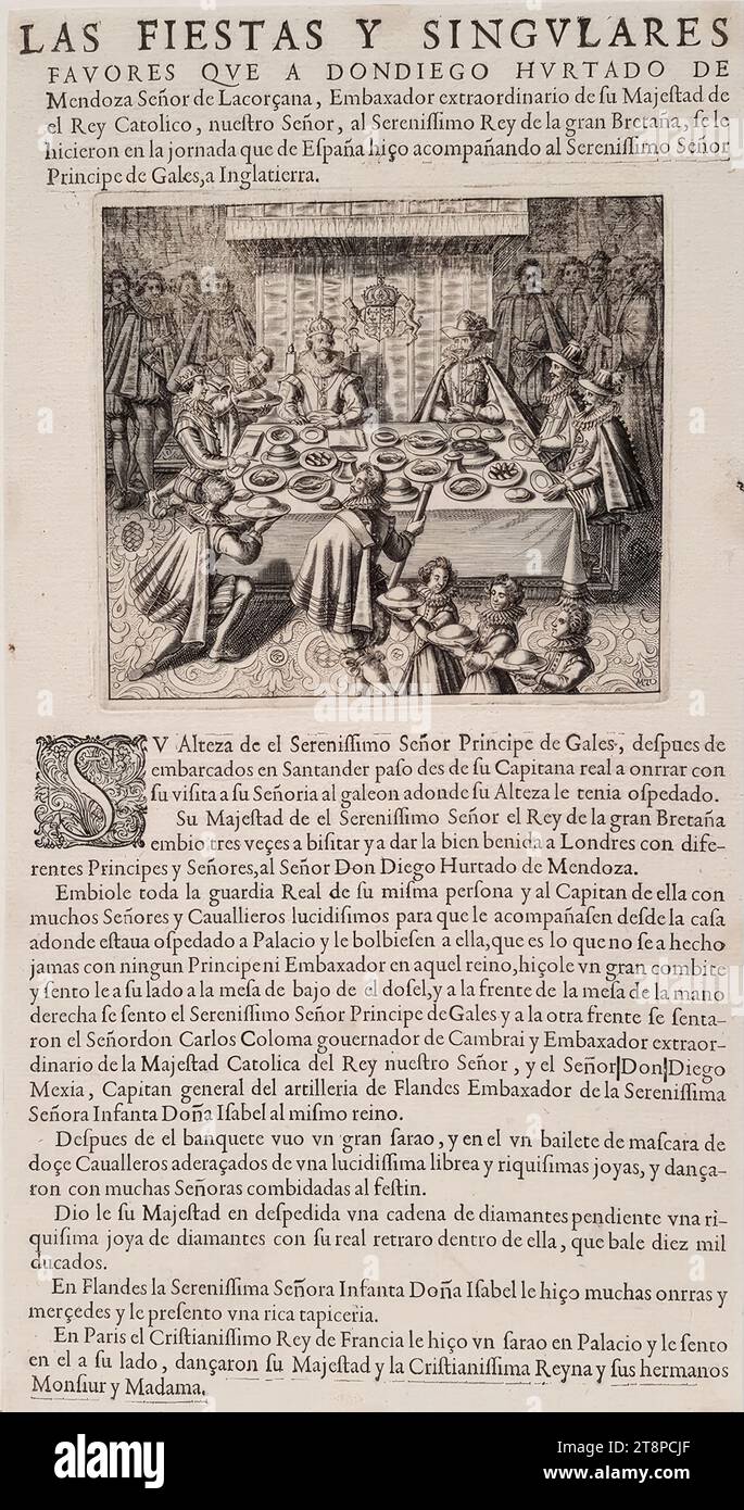 Banquete del rey Jaime I de Inglaterra en York House (Westminster) en Londres el 18 de noviembre de 1623, (1623/24), grabado en cobre con texto en una columna en tipo impresión sobre papel, hoja: 33,3 x 17,5 cm Foto de stock