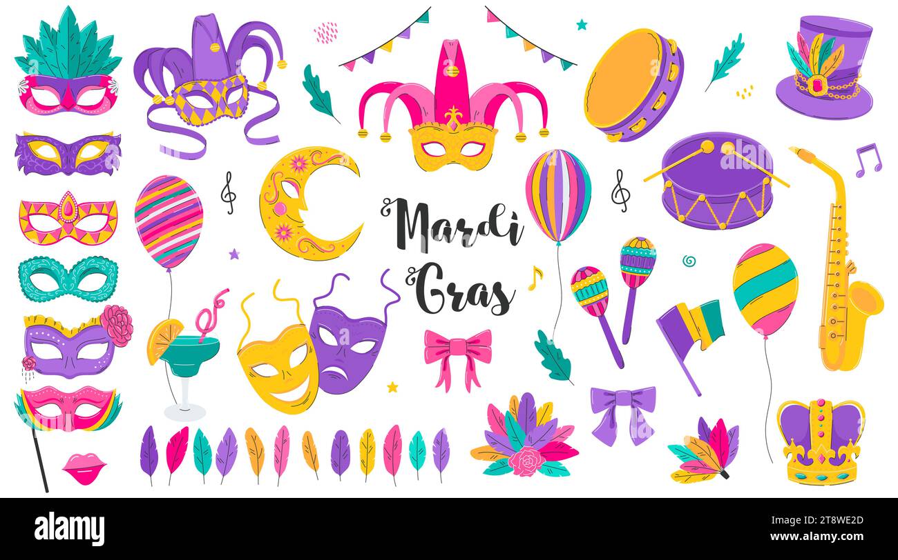 Mardi Gras carnaval clipart. Colección de diseño de festival brasileño. Máscaras con plumas, bromista, flor de lis, tambor, decoraciones de fiesta, comedia y trage Ilustración del Vector