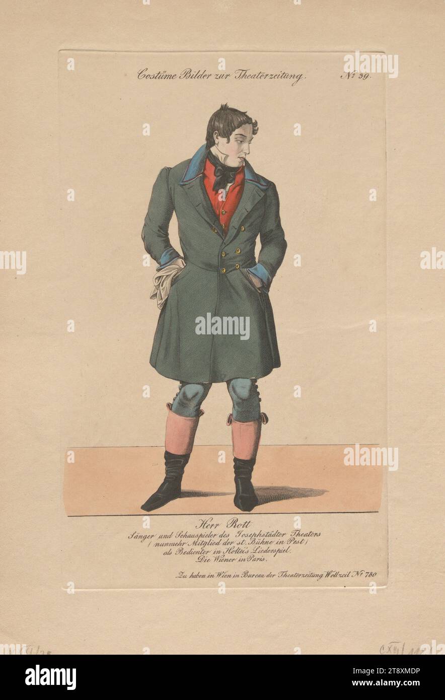 Herr Rott como camarero en la obra de Holtei 'The Viennese in Paris' (foto de vestuario n.º 39 para el periódico del teatro), Desconocido, 1836, grabado en color, cobre, hoja tamaño 29,1x20,2 cm, ancho 20,2 cm, placa tamaño 22,8x13,9 cm, teatro, artes escénicas, bellas artes, actor (en el escenario), la Colección de Viena Foto de stock