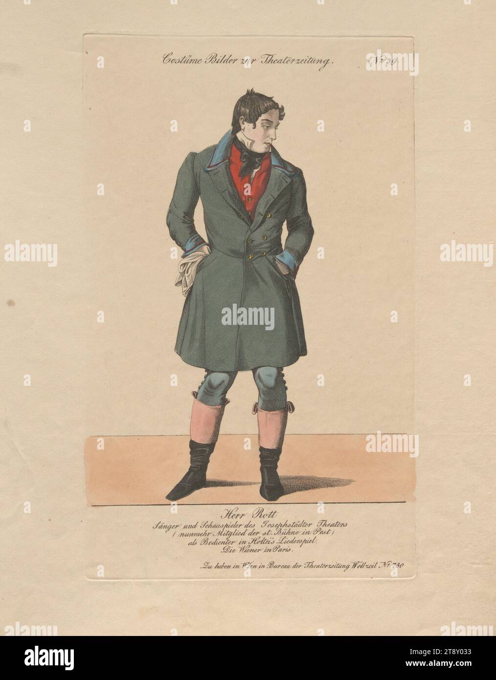 El Sr. Rott como camarero en la obra de Holtei 'The Viennese in Paris' (foto del vestuario no. 39 para el periódico del teatro), Desconocido, 1836, papel, coloreado, grabado de cobre, tamaño de hoja 27, 6 x 22, 2 cm, Teatro, Artes escénicas, Bellas Artes, actor (en el escenario), la Colección de Viena Foto de stock