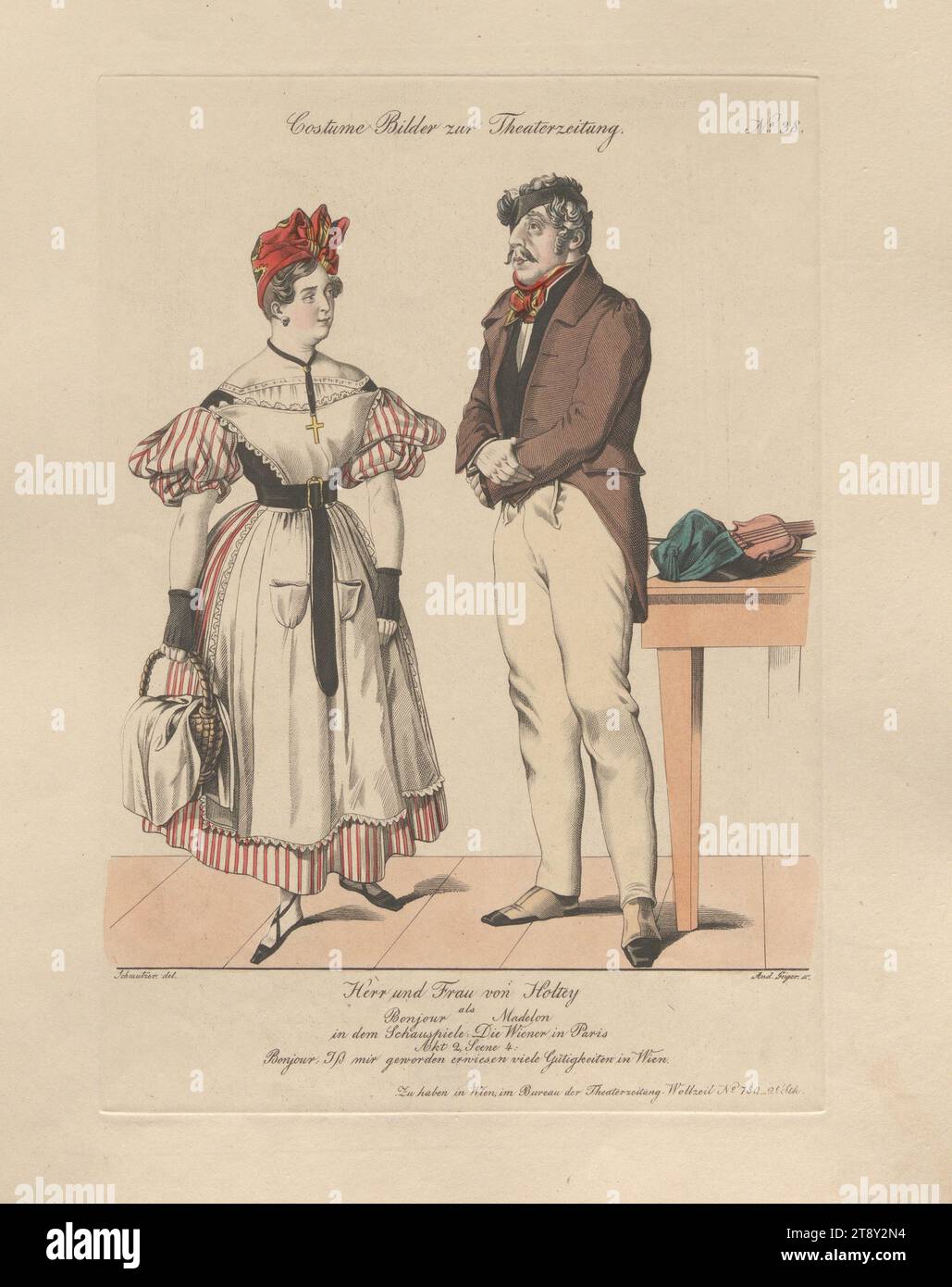 El Sr. y la Sra. Holtey como Bonjour y Madelon en la obra: El vienés en París (cuadro de vestuario n.º 38 para el periódico del teatro), Andreas Geiger (1765-1856), grabador de cobre, 1836, coloreado, grabado de cobre, tamaño de hoja 29 x 23, 6 cm, Teatro, Artes escénicas, bellas Artes, actor (en el escenario), la Colección de Viena Foto de stock