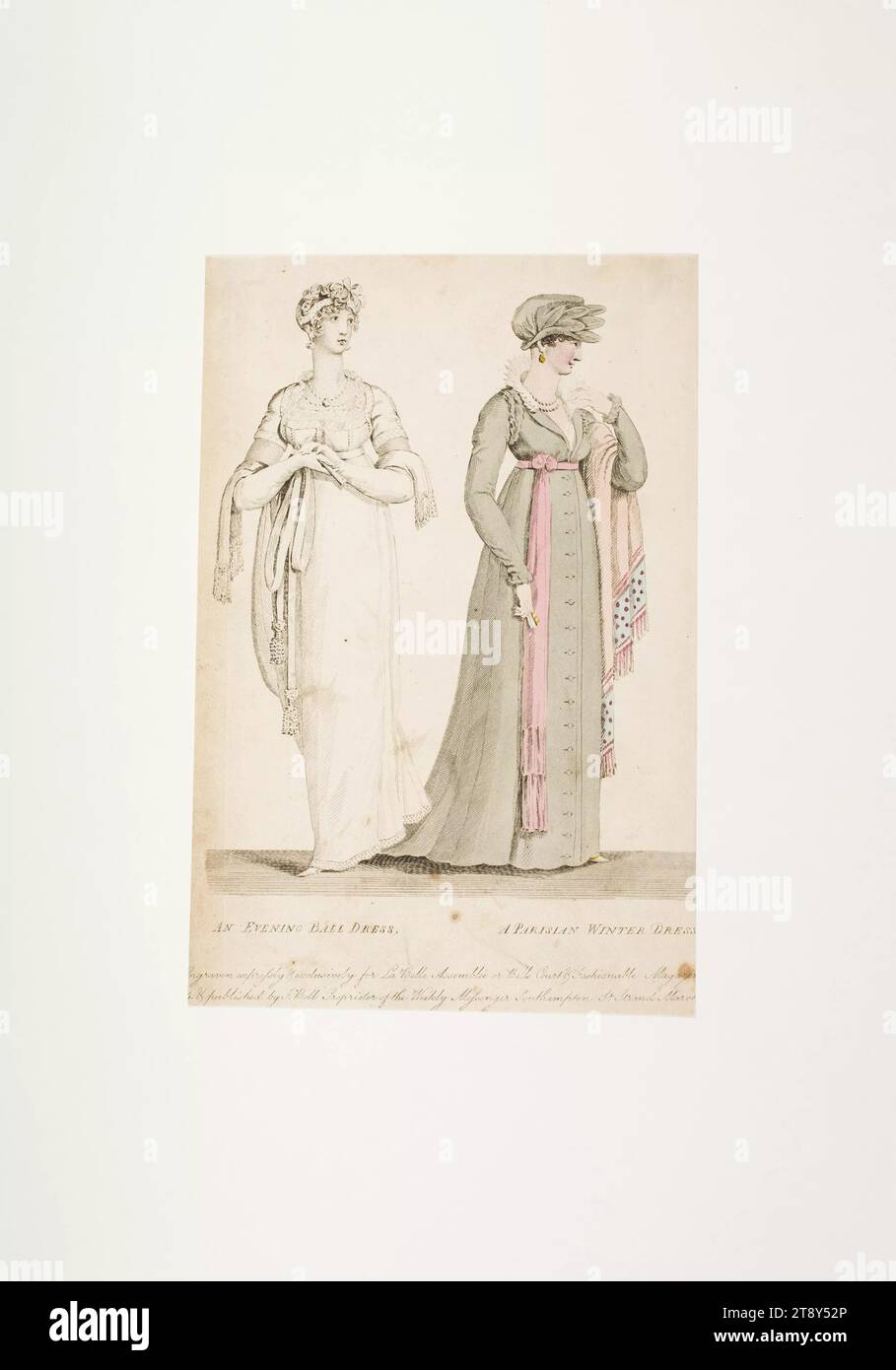 Imagen de moda: Dos figuras, vestido de bola y vestido de invierno francés, desconocido, 1806, papel, de color, grabado de placa de cobre, tamaño de placa 20 x 13, 4 cm, moda, danza, fiestas y celebraciones públicas, trajes, burguesía, vida nocturna, invierno, vestido, túnica: vestido de bola, platos de moda, ropa para ocasiones oficiales, tocados, mujer, vestido, túnica, la Colección de Viena Foto de stock