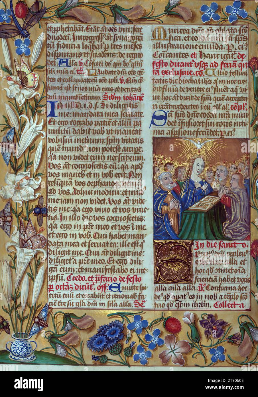 Masters of the Dark Eyes Missal, Inicial S con Pentecostés, este Misal latino fue escrito en Utrecht, Países Bajos, ca. 1500 Retratos de los propietarios originales, cuyos nombres no están registrados, van acompañados de heráldica que indica que el marido era de la familia de San Férréol de Delfiné; la esposa era de la familia Cambronne de Ponthieu. El manuscrito está fuertemente iluminado con más de cincuenta iniciales y miniaturas historiadas por un grupo de artistas conocidos como los 'Maestros de los Ojos Oscuros Foto de stock