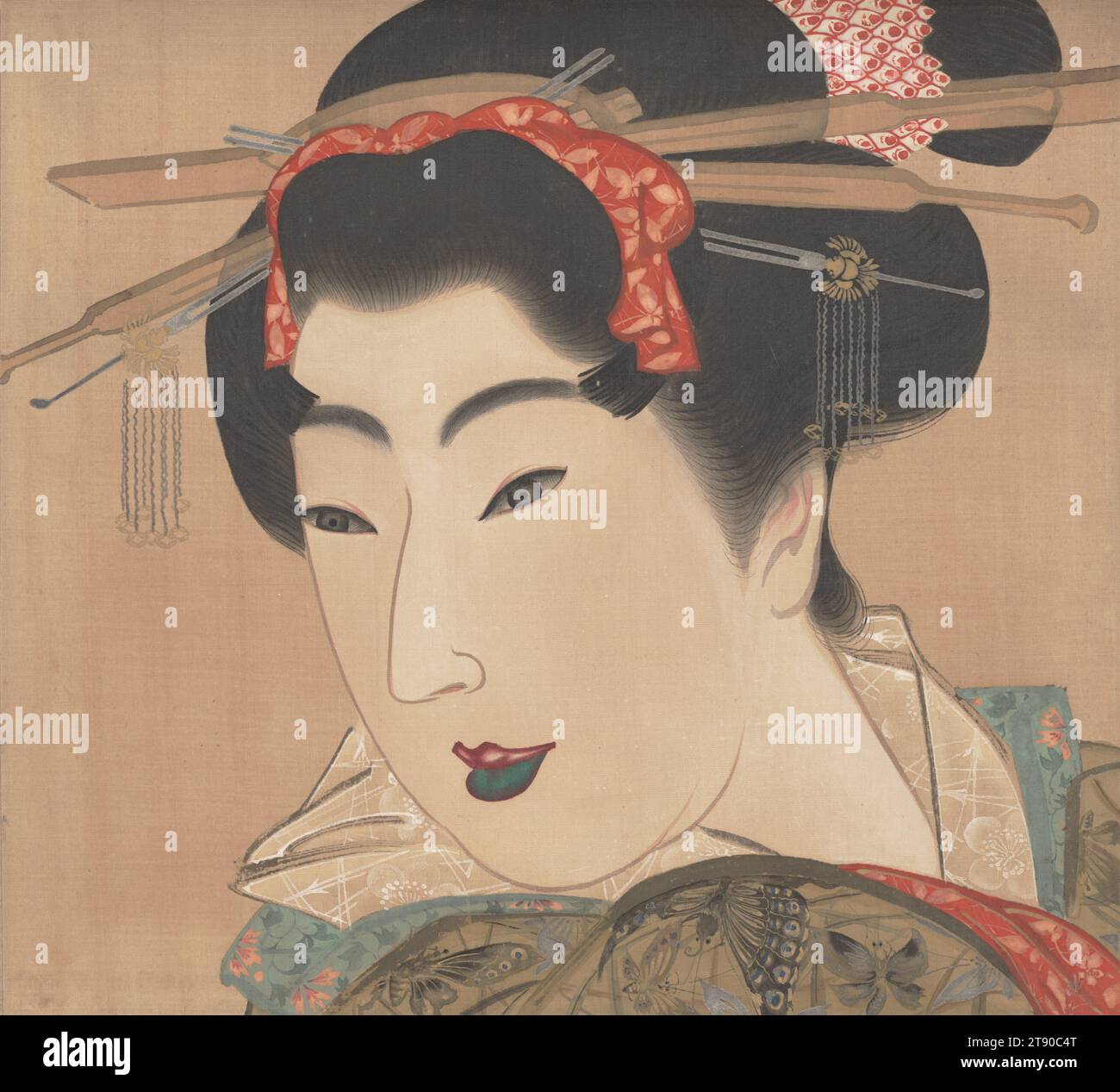Geisha derecha de un tríptico de tres bellezas, años 1830, Mihata Jōryū, japonés, acto. 1830s, 10 3/8 x 11 7/16 in. (26,35 x 29,05 cm) (imagen)55 3/8 x 25 5/16 in. (140,65 x 64,29 cm) (montaje, sin rodillo), Tinta y color sobre seda, Japón, Nikuhitsu ukiyo-e Foto de stock