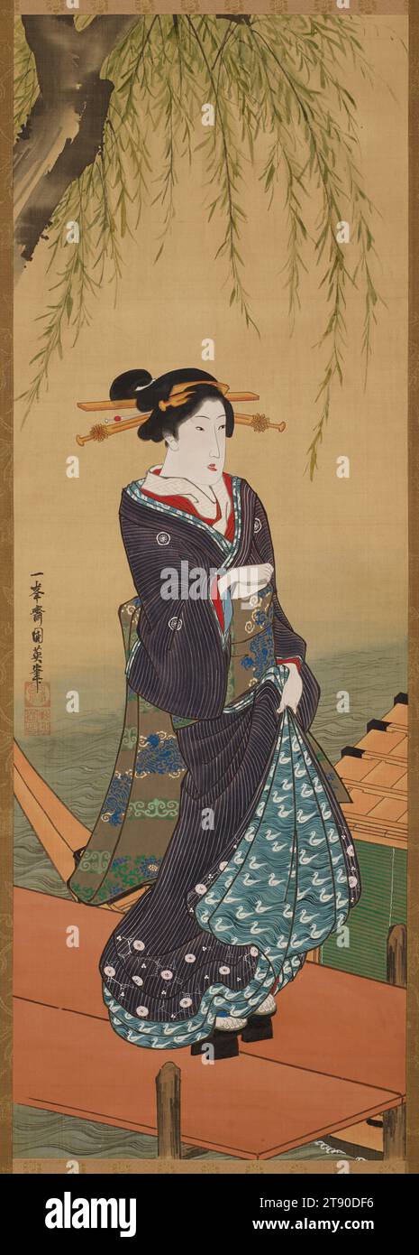 Belleza en un río bajo un sauce, 1820s-1830s, Utagawa Kunihide, 33 9/16 x 11 9/16 in. (85,25 x 29,37 cm) (imagen)67 1/8 x 16 7/16 in. (170,5 x 41,75 cm) (montaje, sin rodillo), Tinta y color sobre seda, Japón, Nikuhitsu ukiyo-e Foto de stock