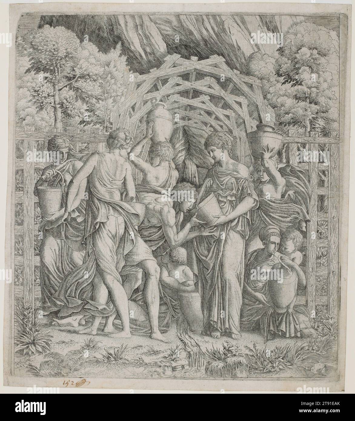Rebecca y Eleazar en el pozo, c. 1540s, Escuela de Fontainebleau; Artista: Después de Francesco Primaticcio, 1504 - 1570, 14 1/4 x 12 3/4 in. (36,2 x 32,39 cm) (placa)15 x 13 3/8 in. (38,1 x 33,97 cm) (hoja), Grabado y grabado, Italia, siglo XVI, el programa decorativo lujoso en el palacio de Fontainebleau de Francia fue impulsado por los italianos, en particular Rosso Fiorentino y Primaticcio. Hoy en día, los elocuentes inventos de Primaticcio se conocen en gran medida a través de impresiones escasas como esta. Aquí una monumental Rebecca ofrece una bebida en medio de una serie rítmica de jarras de agua, aludiendo a las riquezas de Francia Foto de stock