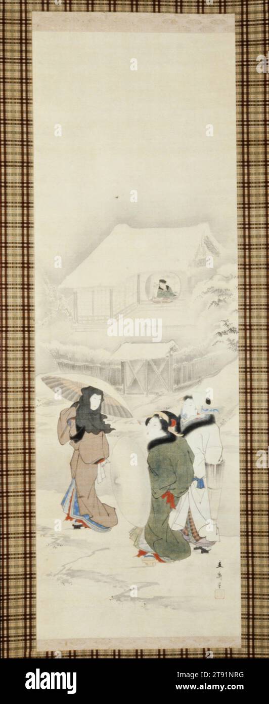 Tres bellezas en la nieve, siglo 19, Utagawa Hiroshige, japonés, 1797 - 1858, 40 3/16 x 13 3/8 in. (102 x 34 cm) (imagen)74 13/16 x 18 5/16 in. (190 x 46,5 cm) (hoja, montaje) 52 cm W w / rodillos, tinta y color sobre seda, Japón, Nikuhitsu ukiyo-e Foto de stock