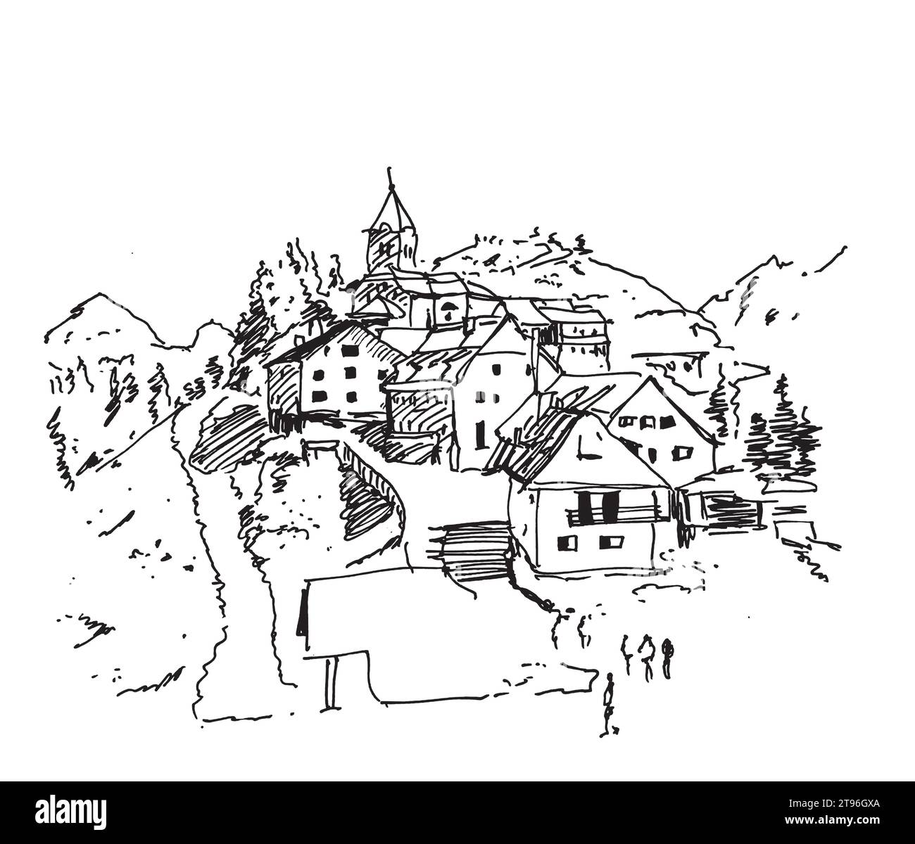 Ilustración de boceto dibujado a mano del vector de Monte Santo di Lussari, una pequeña estación de esquí en el norte de Italia. Ilustración del Vector