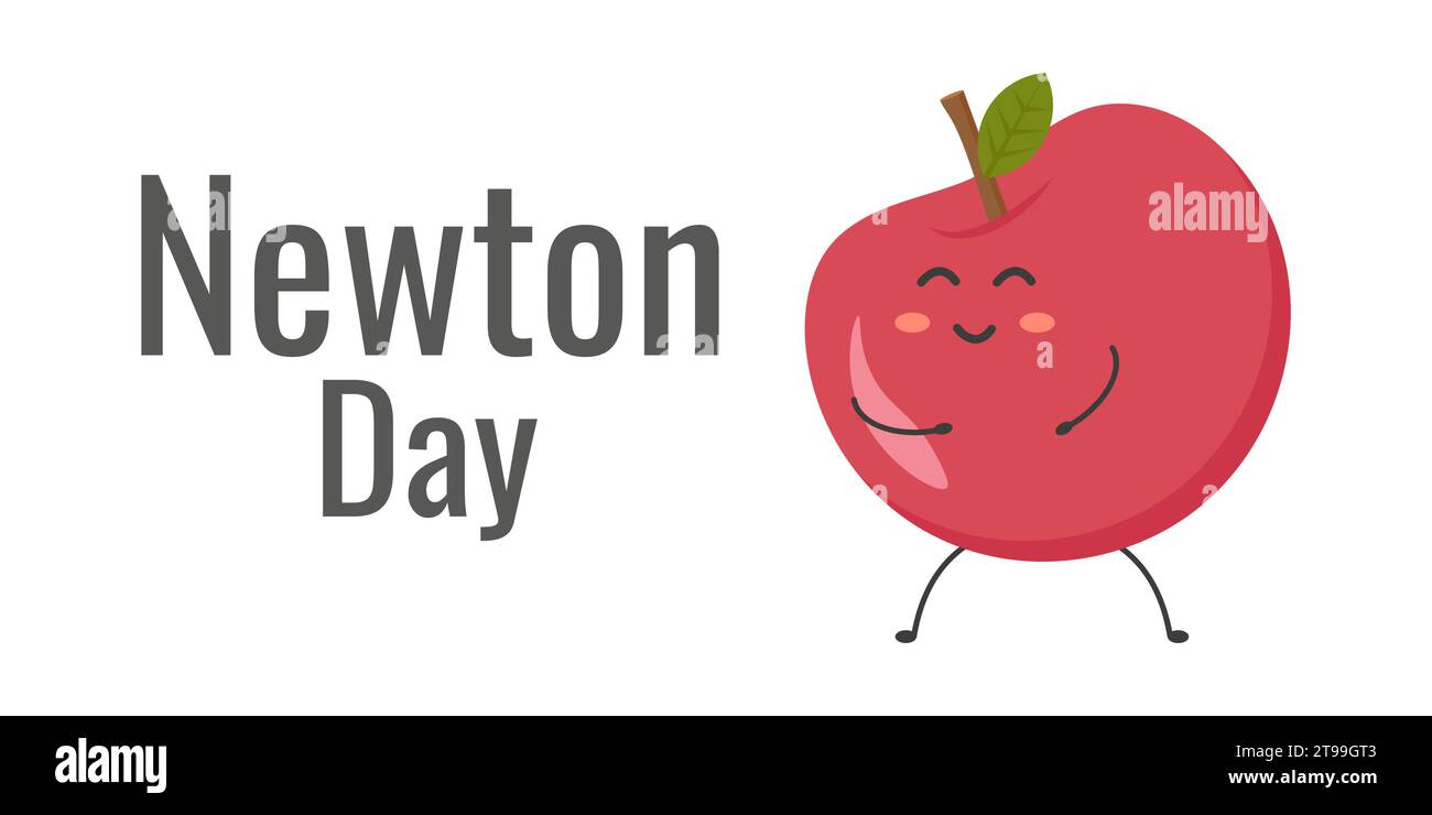 Feliz día de Newtons fondo festivo con manzana. Linda manzana de dibujos animados. Divertida ilustración vectorial. Ilustración del Vector