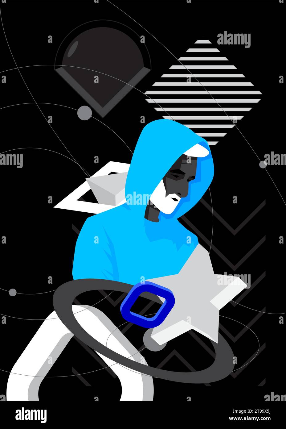 Póster retro geométrico azul, blanco y negro con cabeza masculina, estatua de pecho. Elementos geométricos mínimos con escultura de busto de hombre. Forma vintage Ilustración del Vector