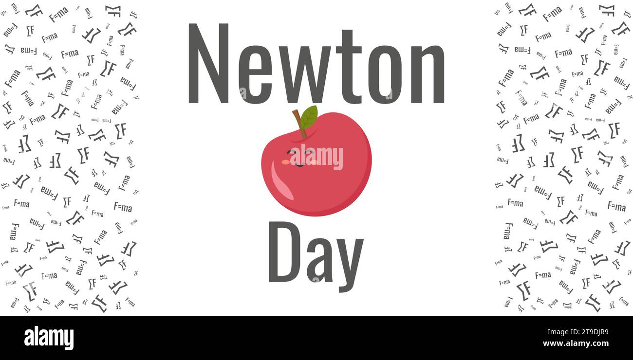 Feliz día de Newtons fondo festivo con manzana. Linda manzana de dibujos animados. Marco de fórmulas. Divertida ilustración vectorial. Ilustración del Vector