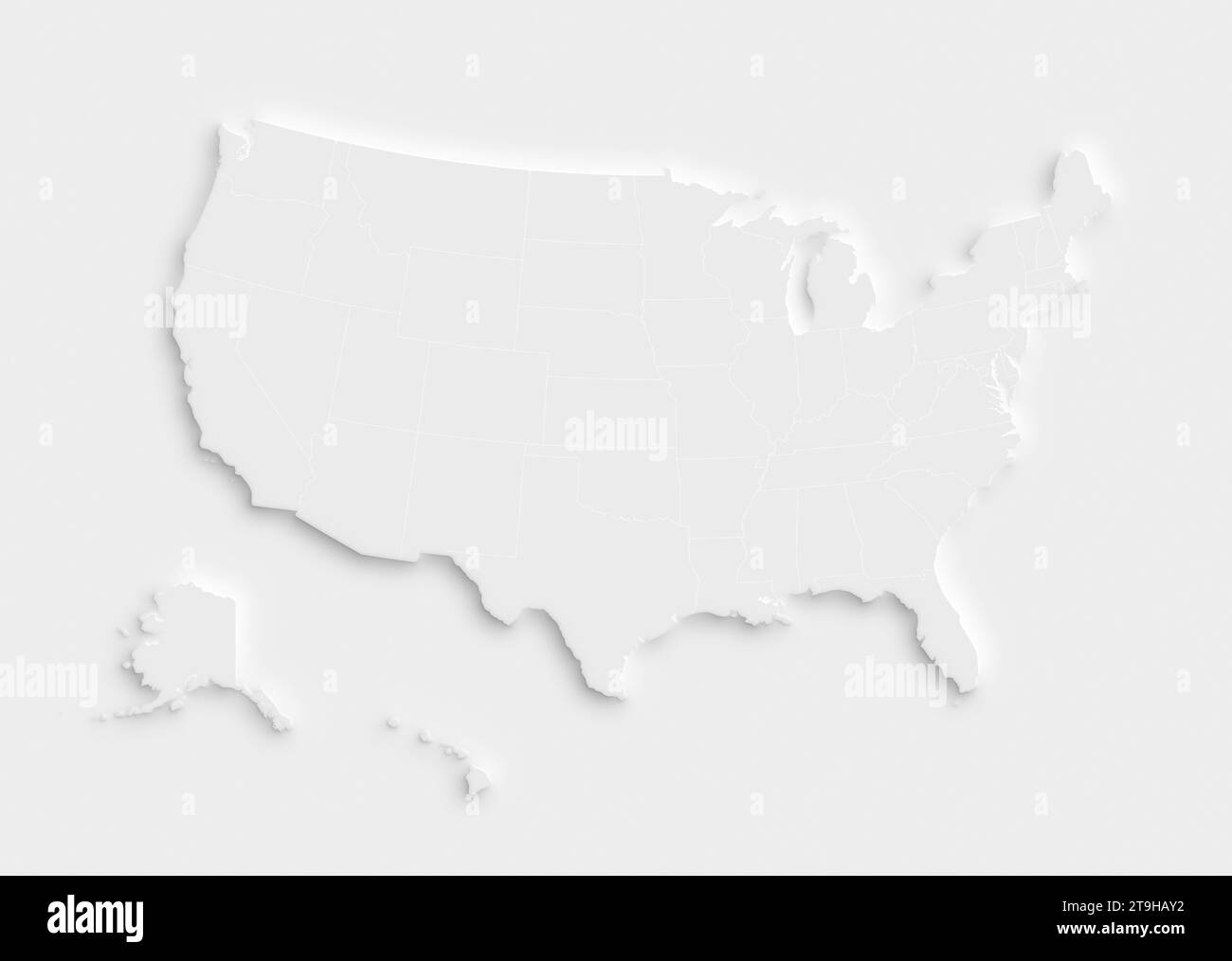 Mapa blanco de los Estados Unidos de América (EE.UU., América) sobre fondo blanco con sombra o efecto 3d. Mapa moderno y limpio de alta resolución con estados. Foto de stock