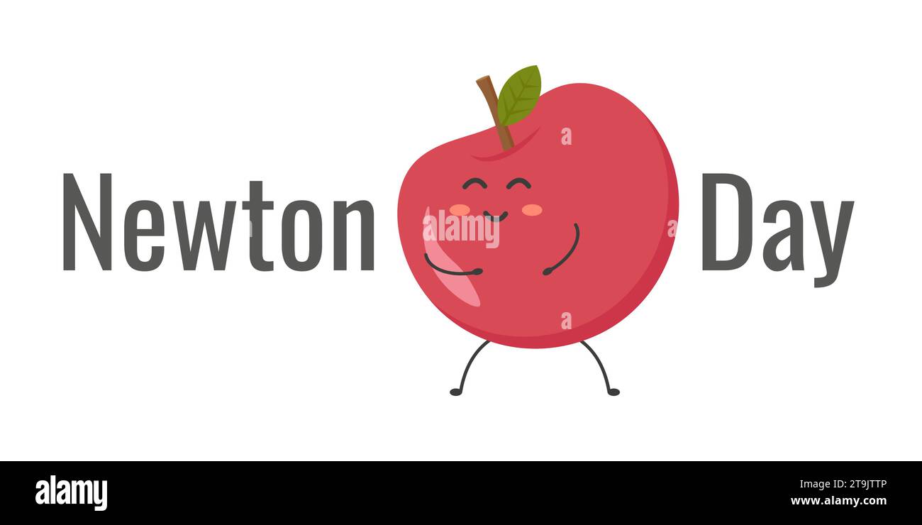Feliz día de Newtons fondo festivo con manzana. Linda manzana de dibujos animados en el centro del texto. Divertida ilustración vectorial. Ilustración del Vector