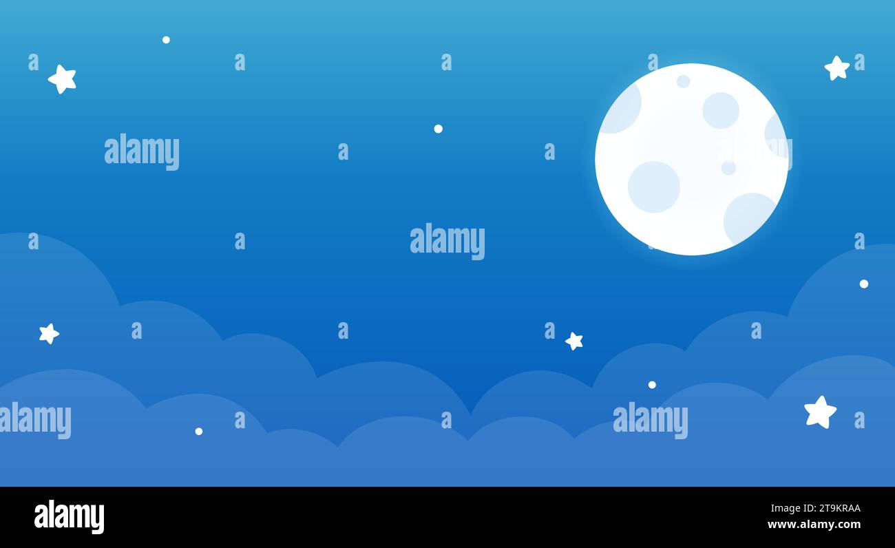 Banner de dibujos animados con cielo nocturno, luna llena, nubes y comienzo. Vector simple clip art ilustración. Ilustración del Vector