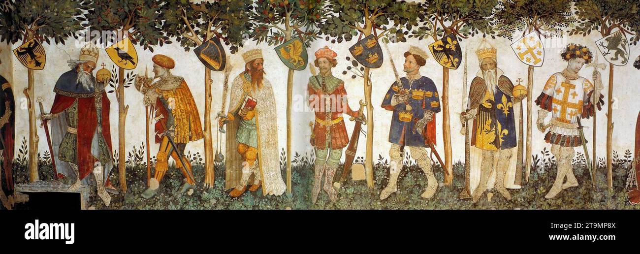 Nueve Héroes y nueve Héroes (detalle con siete figuras) 1411-16 por Maestro del Castello Della Manta Foto de stock