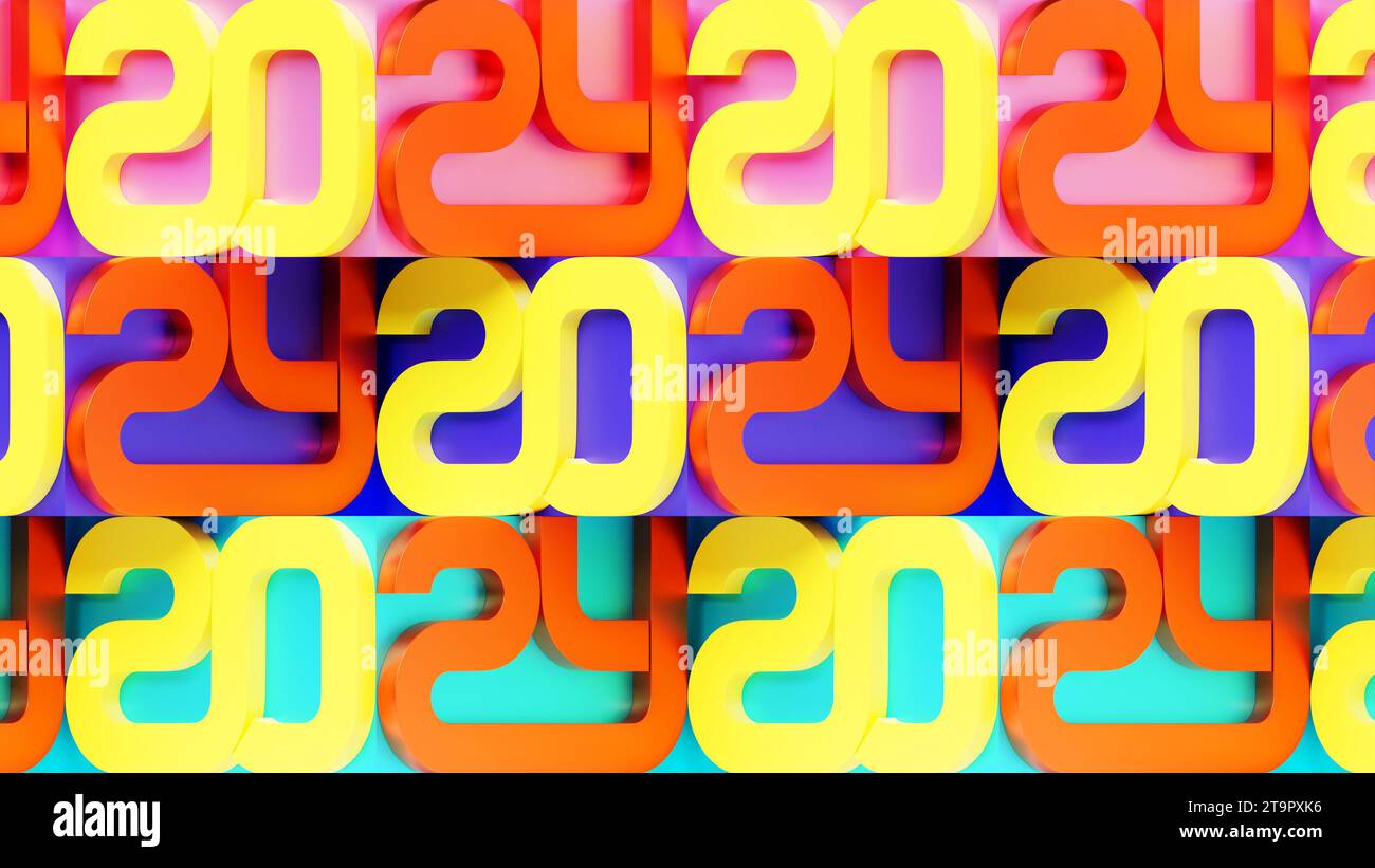 2024 caligrafía con números 3d sobre fondo colorido con bolas de celebración de Año Nuevo para volantes, carteles, carteles para diseño de negocios, folletos, Foto de stock
