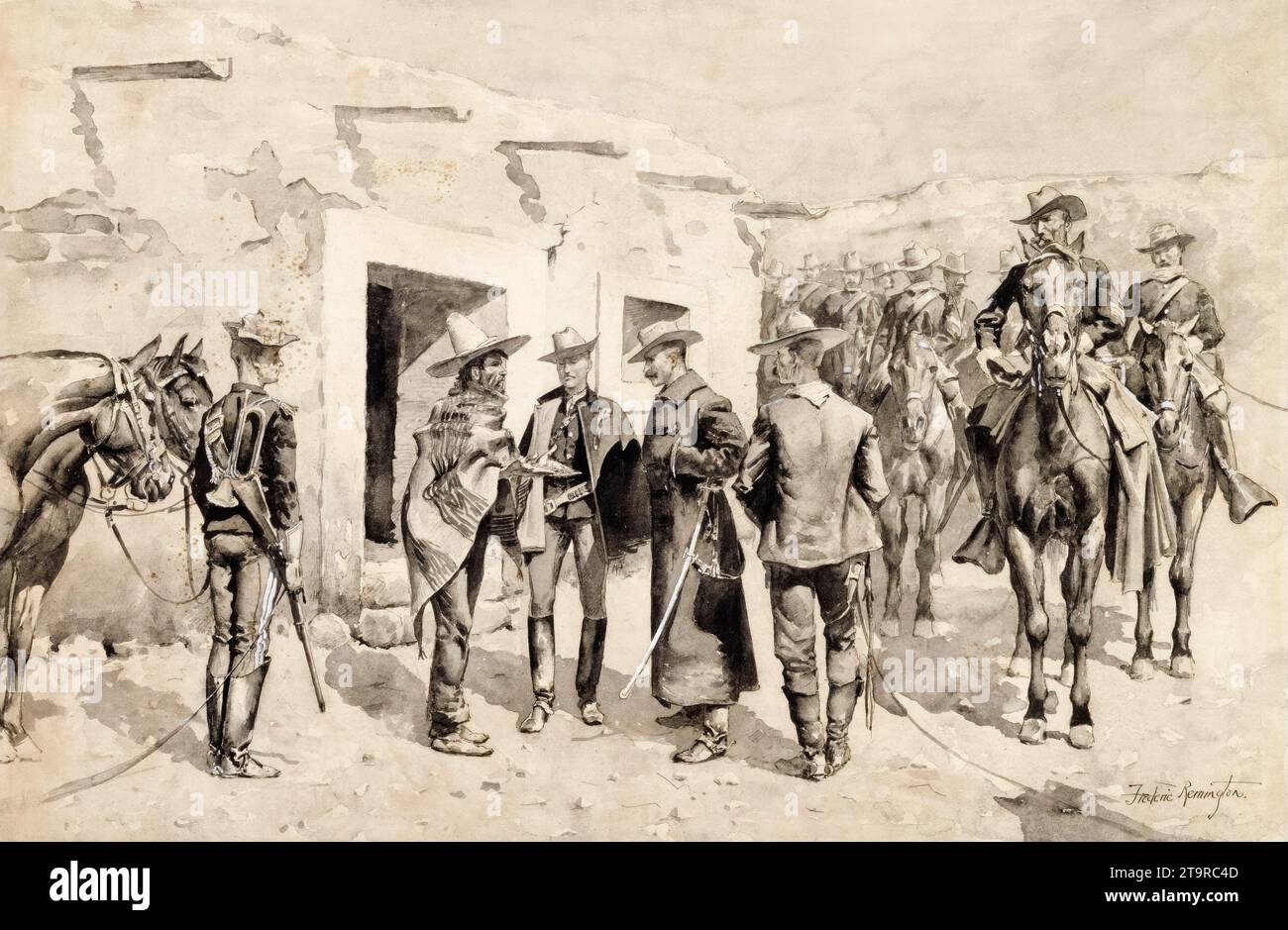 Frederic Remington, Caballería estadounidense cazando hombres Garza en el Río Grande, pintura de acuarela, circa 1892 Foto de stock