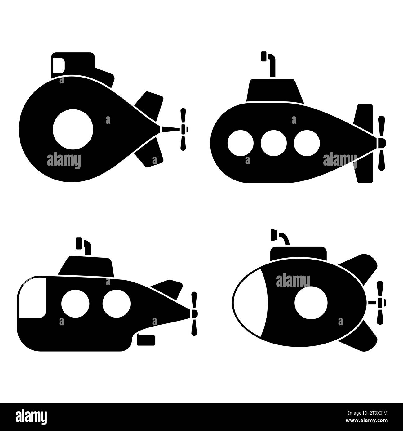 Submarinos con iconos de periscopio aislados sobre fondo blanco. Barco submarino, bathyscaphe flotando bajo el agua del mar. Submarinos de aguas profundas para el agua Ilustración del Vector