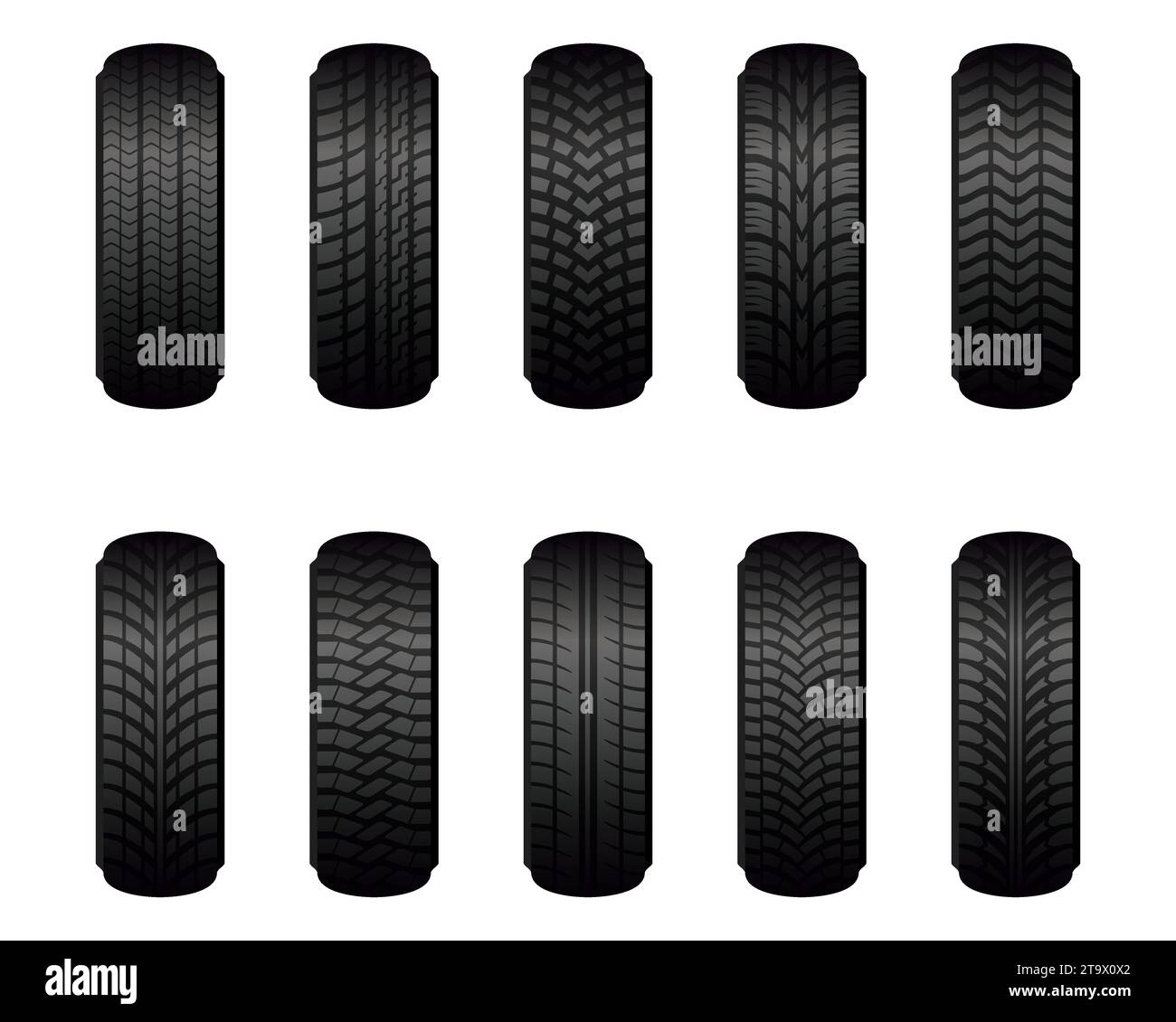 Neumáticos de rueda de coche de diferentes tipos de marcas de rodadura aislados sobre fondo blanco. Neumáticos de goma para el verano y la temporada de invierno vista frontal. Vulcanización Ilustración del Vector