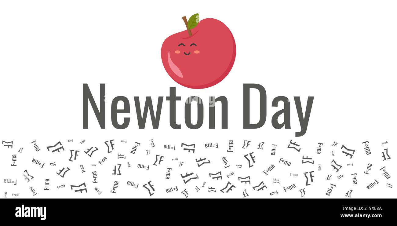 Feliz día de Newtons fondo festivo con manzana. Linda manzana de dibujos animados. Fórmulas ordenadas aleatoriamente. Divertida ilustración vectorial. Ilustración del Vector
