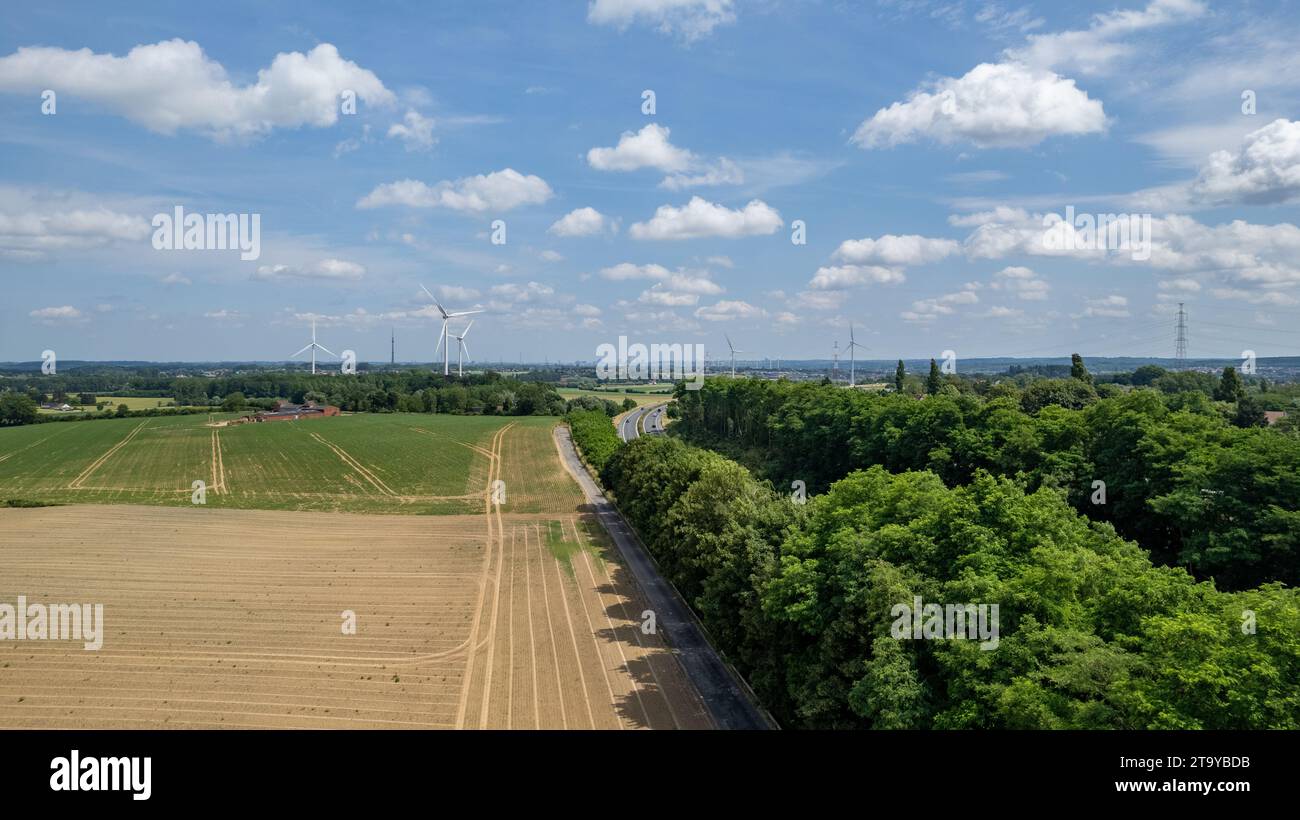 Esta imagen aérea captura los contrastantes paisajes de la agricultura y las energías renovables. El ojo se dibuja a lo largo de la línea donde el campo cultivado se encuentra con una exuberante línea de árbol verde, lo que conduce a turbinas de viento en la distancia. La escena es una representación de la vida rural moderna, donde la agricultura coexiste con la búsqueda de soluciones energéticas sostenibles. Arriba, el cielo es un lienzo de nubes blancas esparcidas a través de un azul claro, que refleja una armonía entre la tierra y el cielo. Contraste rural: Campos y turbinas eólicas. Foto de alta calidad Foto de stock