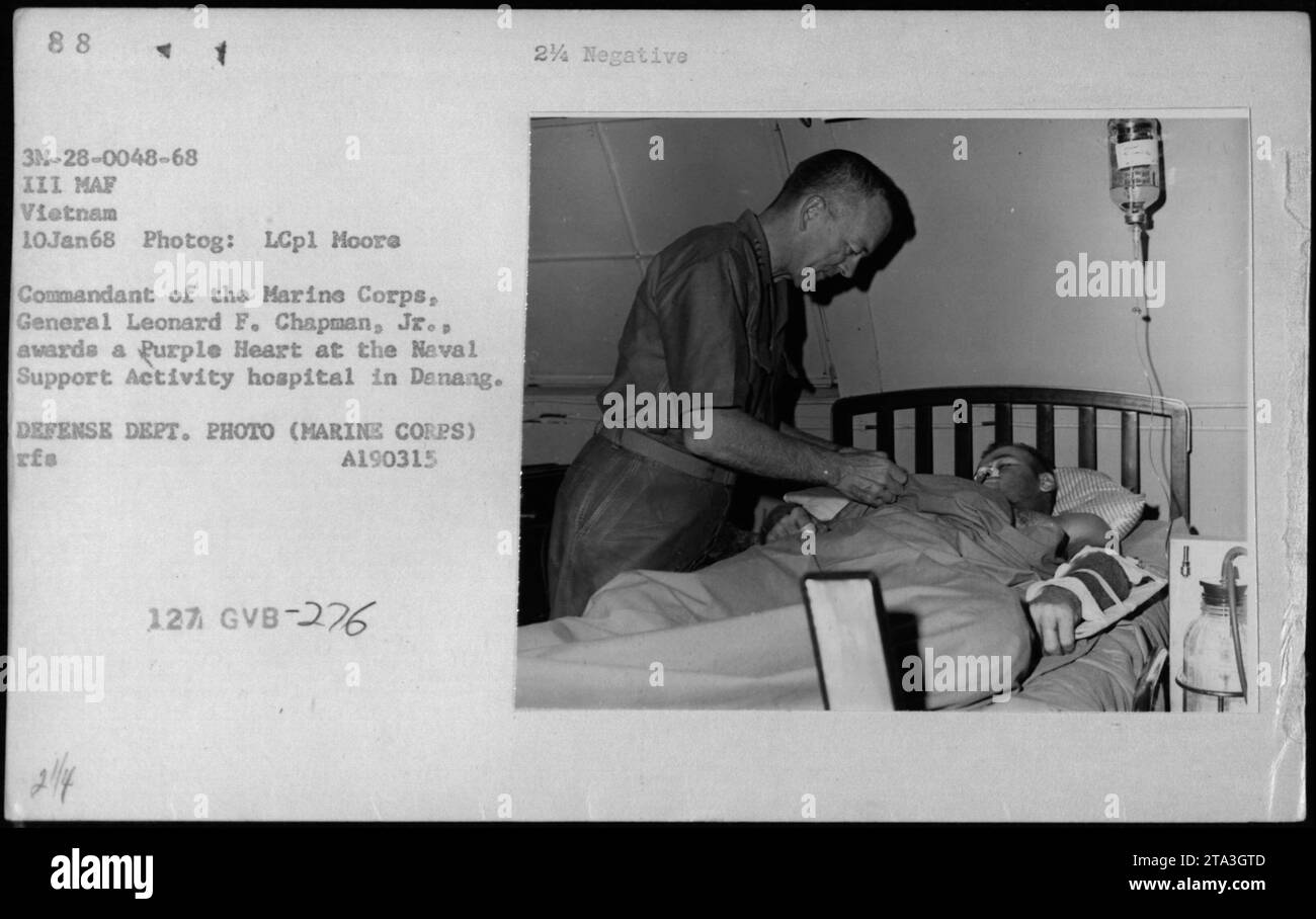 El General Leonard F. Chapman, Jr., Comandante del Cuerpo de Infantería de Marina, otorga un Corazón Púrpura en el hospital de Actividades de Apoyo Naval en Danang durante la Guerra de Vietnam. La fecha de la foto es el 10 de enero de 1968. La imagen es parte de la colección de actividades militares estadounidenses. Foto de stock
