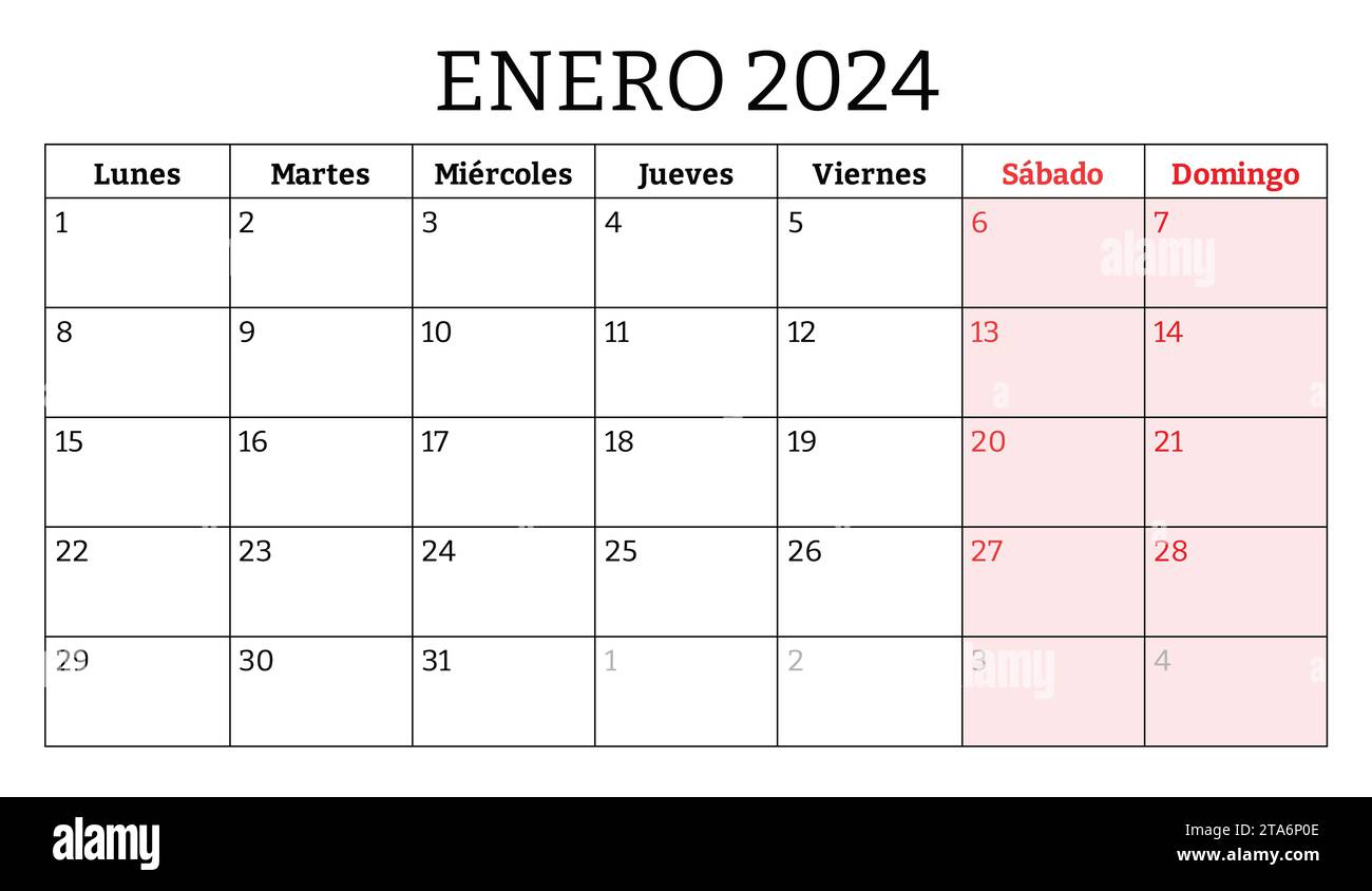 Enero 2024 Calendario del mes español. Vector ilustración imprimible
