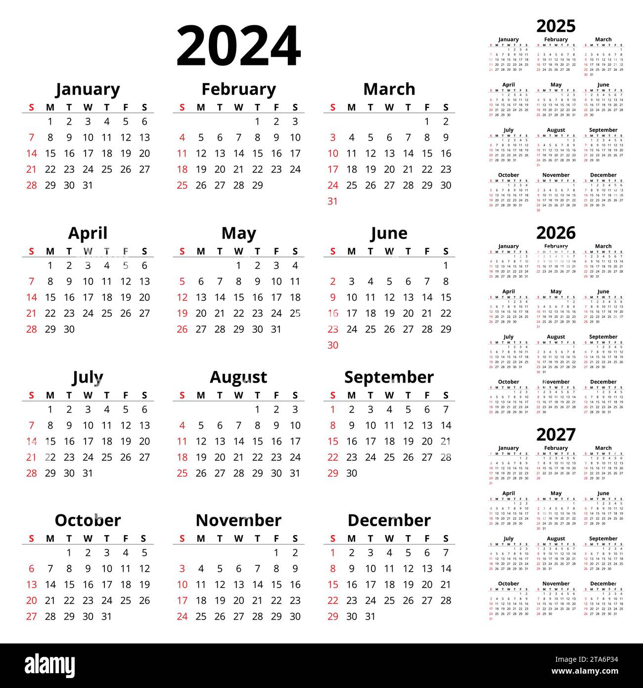 Vector 2024, 2025, 2026, 2027 calendarios verticales ingleses. Ilustración imprimible simple