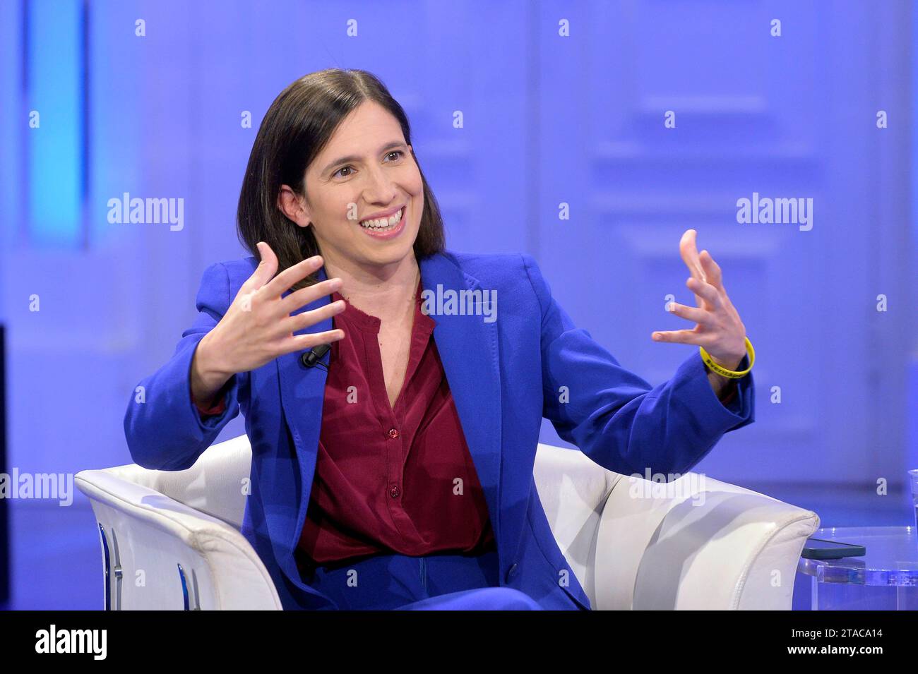 Italia, Roma, 29 de noviembre de 2023 : Elly Schlein, secretaria del Partido Demócrata (PD), participa en el programa de televisión 'Porta a Porta', episodio dedicado a la lucha contra la mafia Foto © Stefano Carofei/Sintesi/Alamy Live News Foto de stock