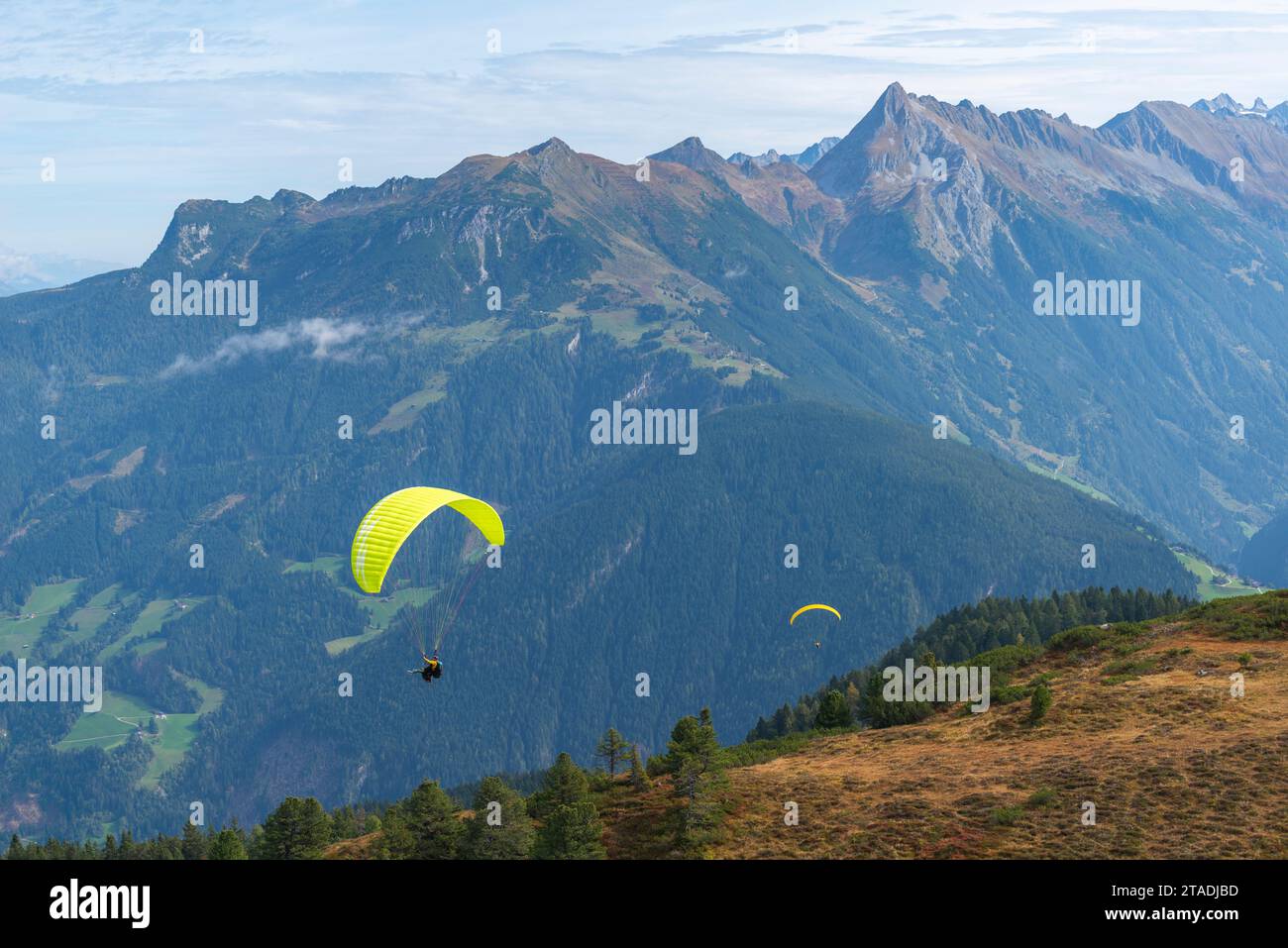 Vuelos en parapente desde Mount Penken (2095m), Tandem-Parapente Mayrhofen, Alpes Zillertal, Tirol, Austria Foto de stock
