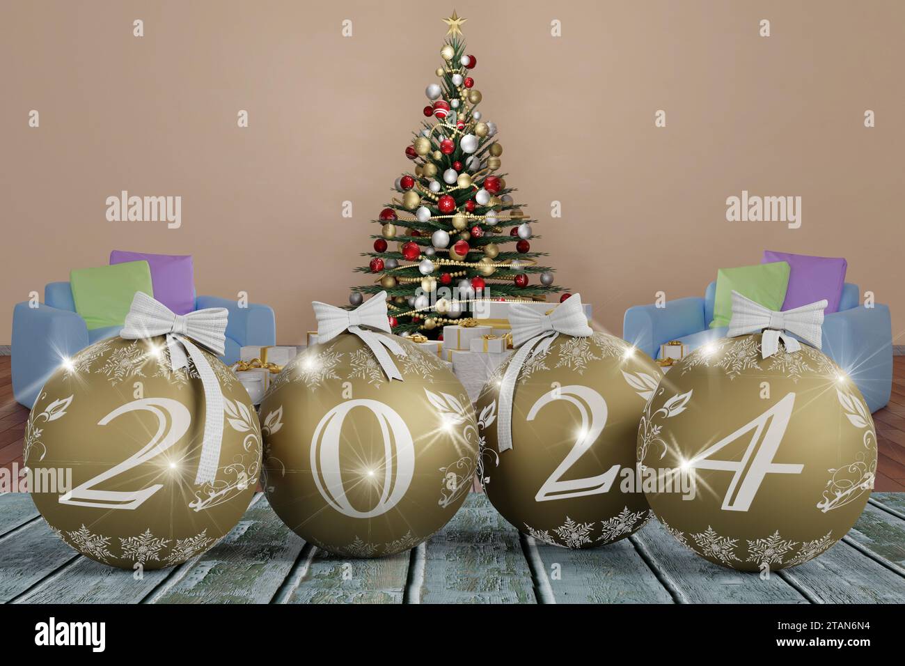 3D ilustración. Año Nuevo 2024. Año Nuevo 2024 en números y con