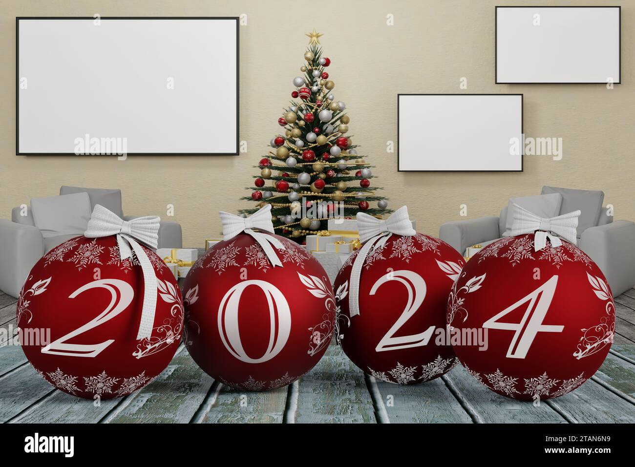 3D ilustración. Año Nuevo 2024. Año Nuevo 2024 en números y con