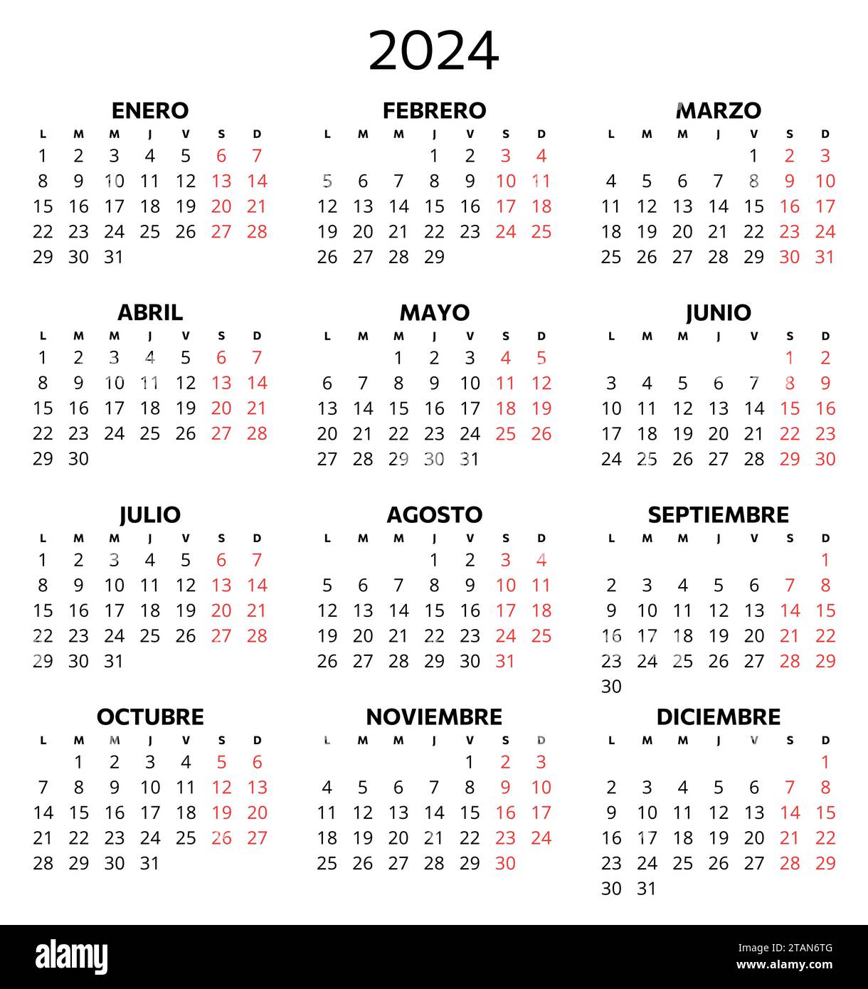 Calendario Español 2024 Ilustración Vectorial Imprimible Para España 12 Meses Calendario Anual 1247