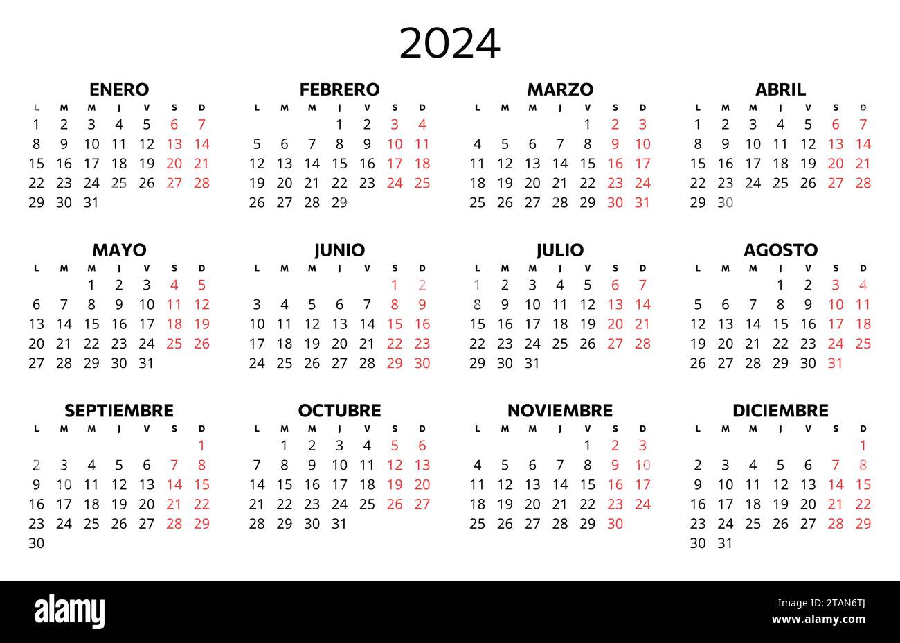 calendario español 2024. Ilustración vectorial imprimible para España ...