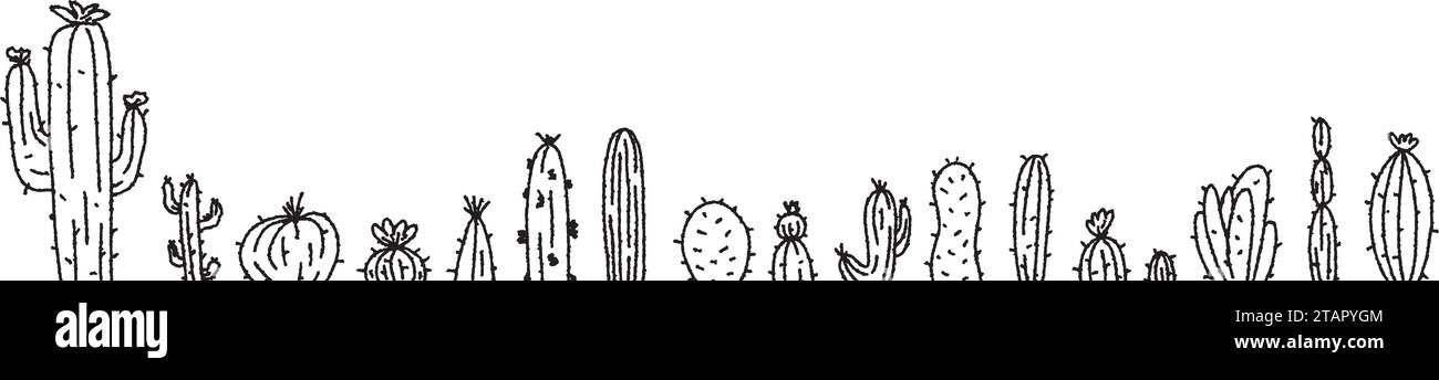 Doodle cactus fondo, línea negra. marco para el texto. Cactus mexicanos. Gráficos vectoriales sobre fondo transparente Ilustración del Vector