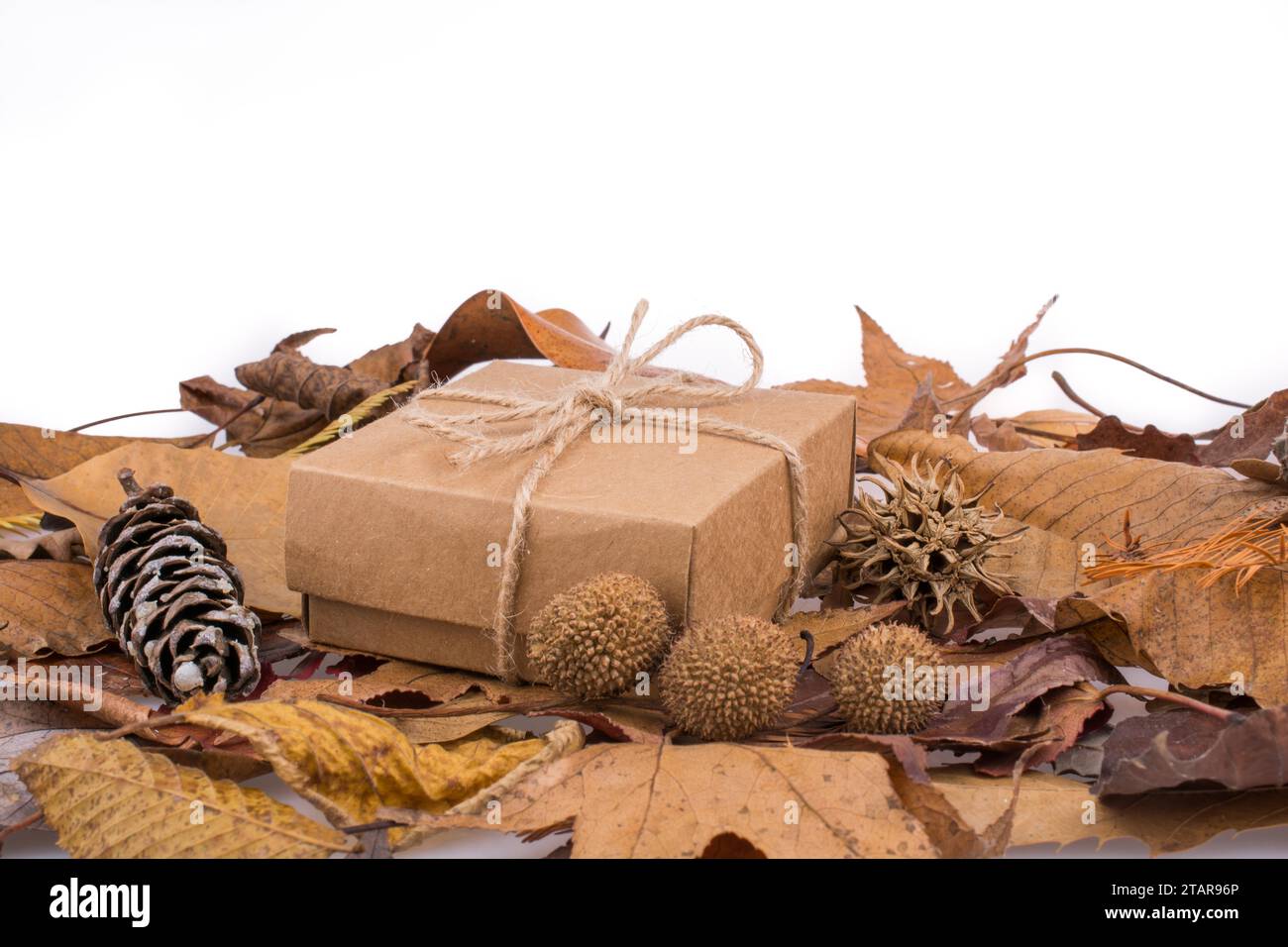 Caja de regalo abierta con paja decorativa y cono, vista superior  Fotografía de stock - Alamy