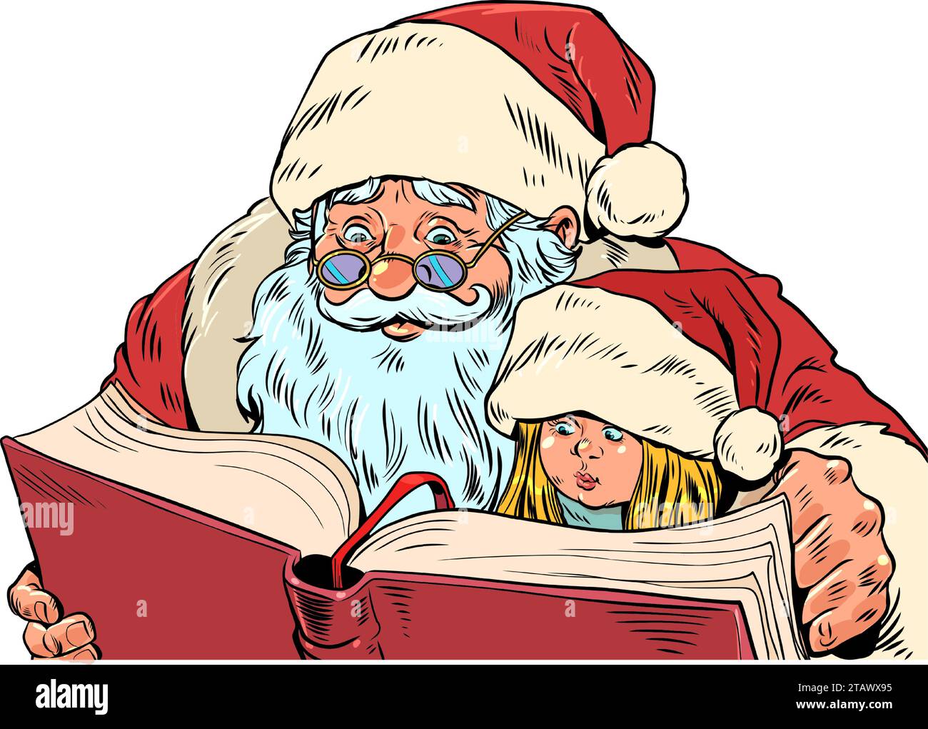 Pasar la Navidad con sus seres queridos. Santa Claus está leyendo un libro a una niña. Ventas estacionales para librerías y mercados. POP Art Retro Vector Il Ilustración del Vector