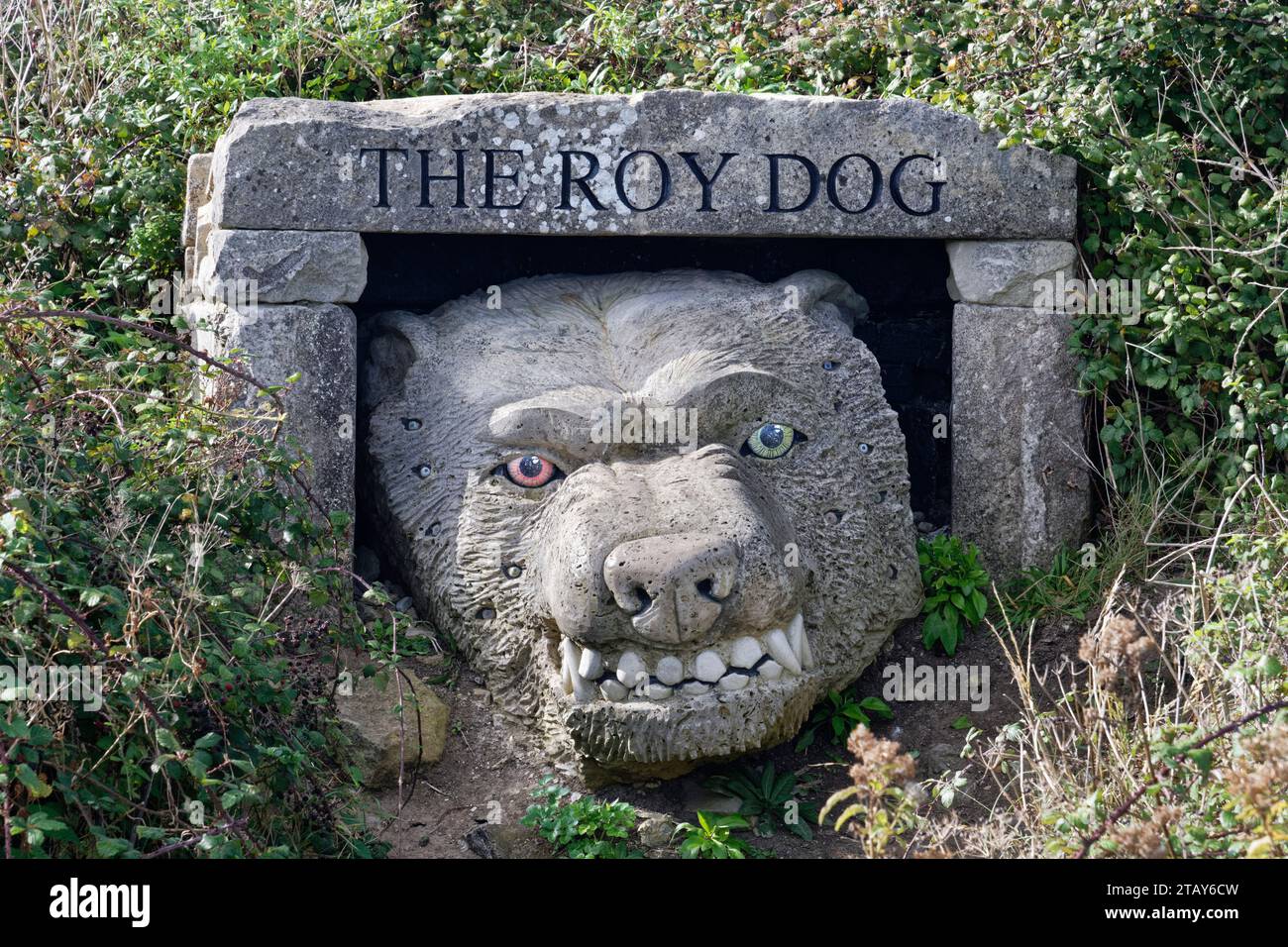 Roy Dog Carving de Damien Briggs, una legendaria bestia gigante con ojos rojos y verdes, cuyos ojos de víctimas decoran la melena, el Parque de Esculturas de Cantera Tout. Foto de stock