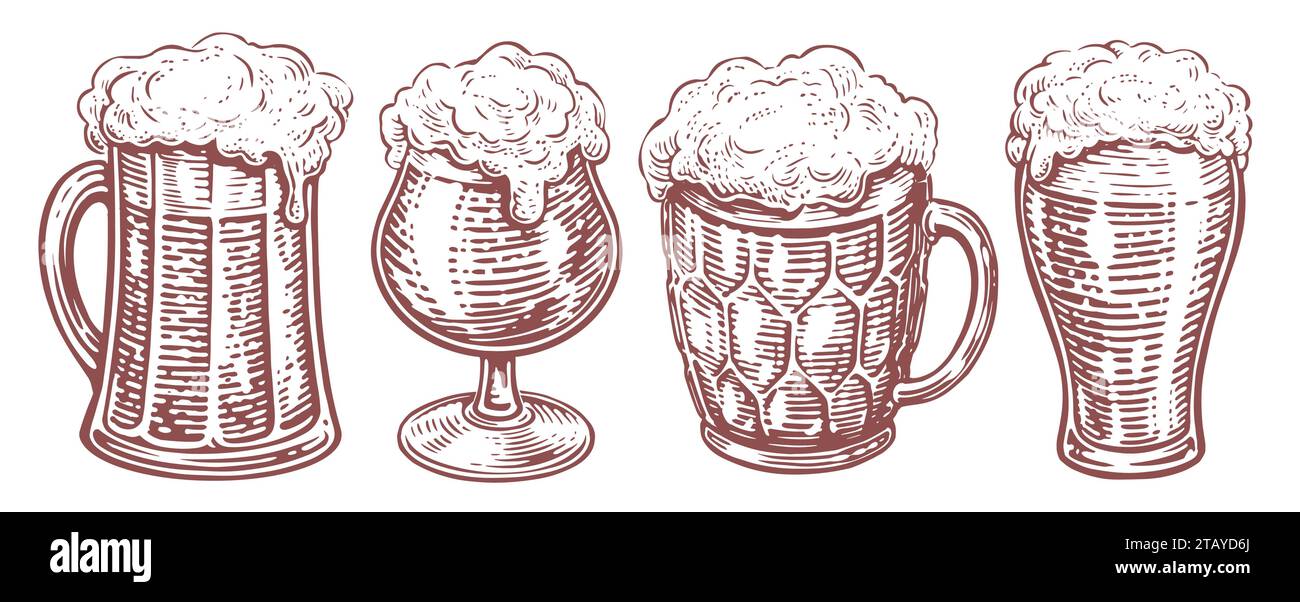 Vaso de cerveza con espuma desbordante. Dibujado a mano taza de ale. Alcohol bebida set vector sketch Ilustración del Vector