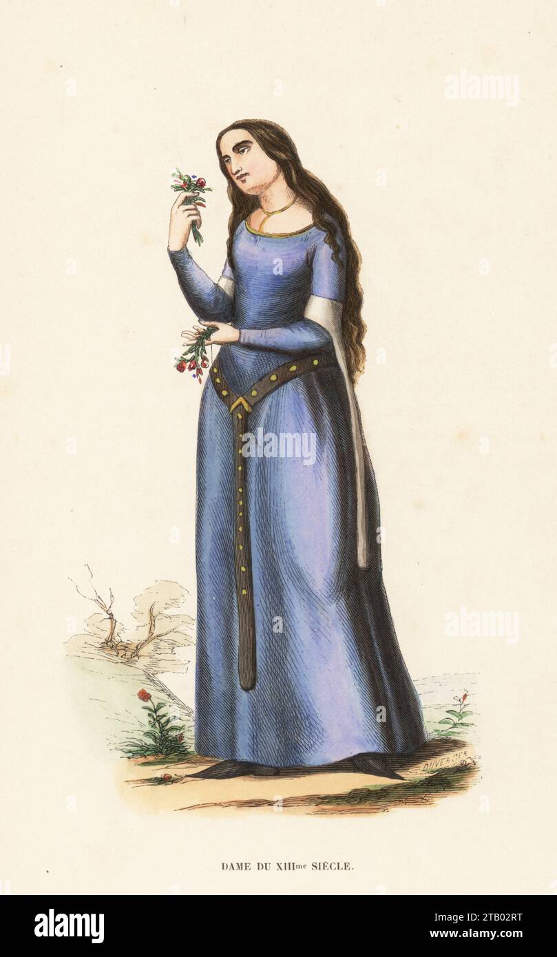 Disfraz de una señora francesa, siglo XIII. En vestido azul con mangas largas llamado manches a bibilles. De una Biblia manuscrita en la Biblioteca Royale de Bruxelles. Dame du XIIIe Siecle. Grabado en madera a mano de Evrard Duverger de Costume du Moyen Age, Disfraz medieval, Librairie Historique-Artistique, Bruselas, 1847. Foto de stock