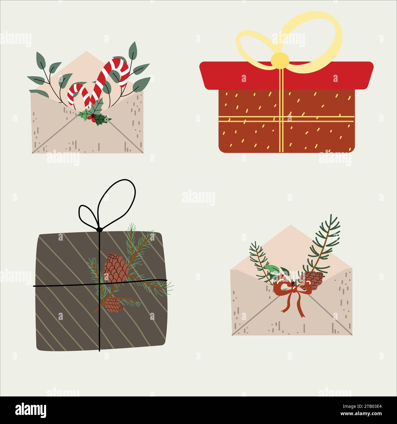 Sobres de Navidad. Cartas de Año Nuevo. Un conjunto de tarjetas de regalo, sobres postales. Ilustración del Vector